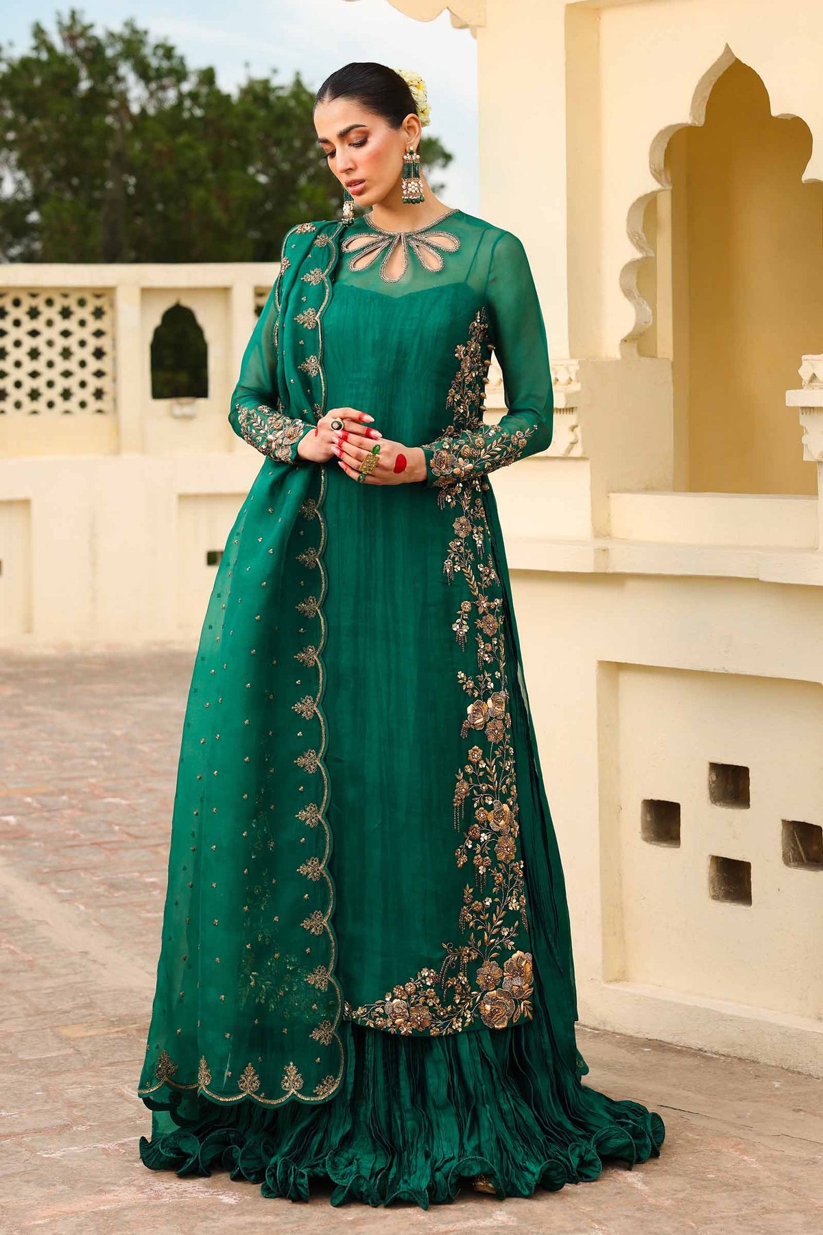 Emerald Green Embroidered Organza & Silk Gown (2-Piece) - Image 1