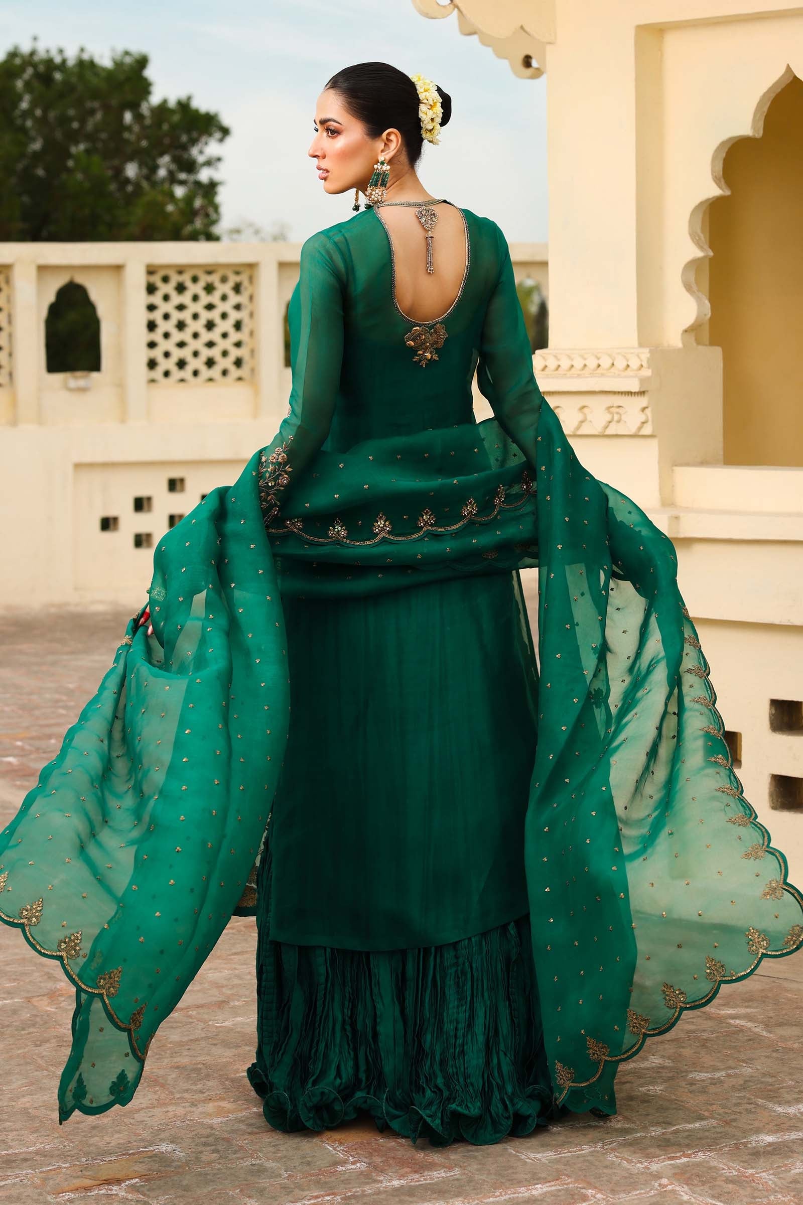 Emerald Green Embroidered Organza & Silk Gown (2-Piece) - Image 10