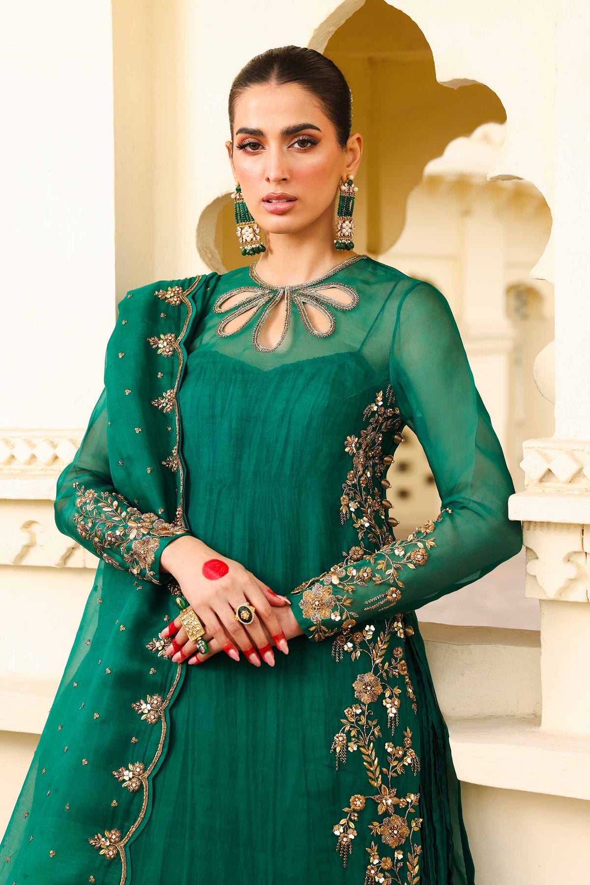 Emerald Green Embroidered Organza & Silk Gown (2-Piece) - Image 2