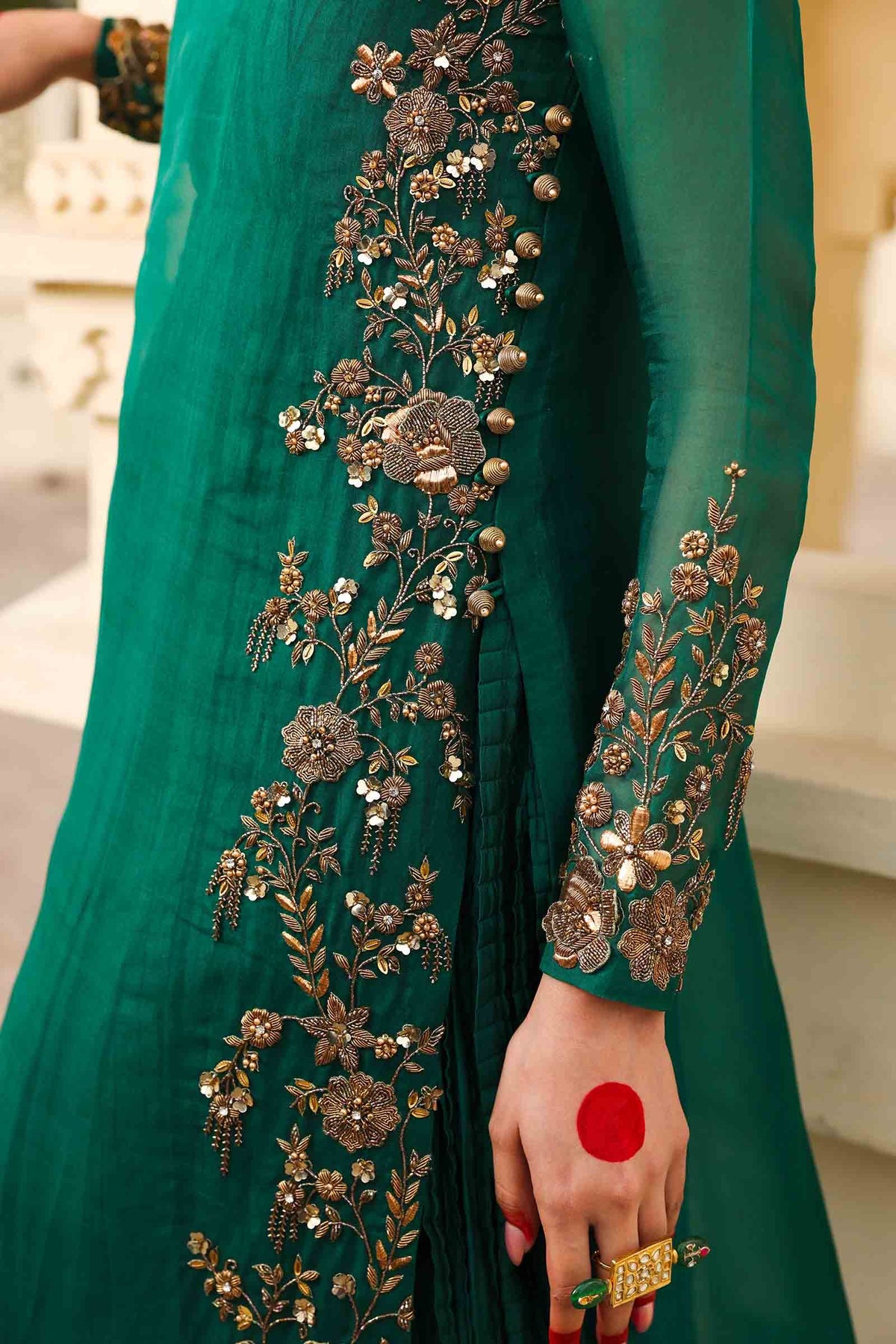 Emerald Green Embroidered Organza & Silk Gown (2-Piece) - Image 5