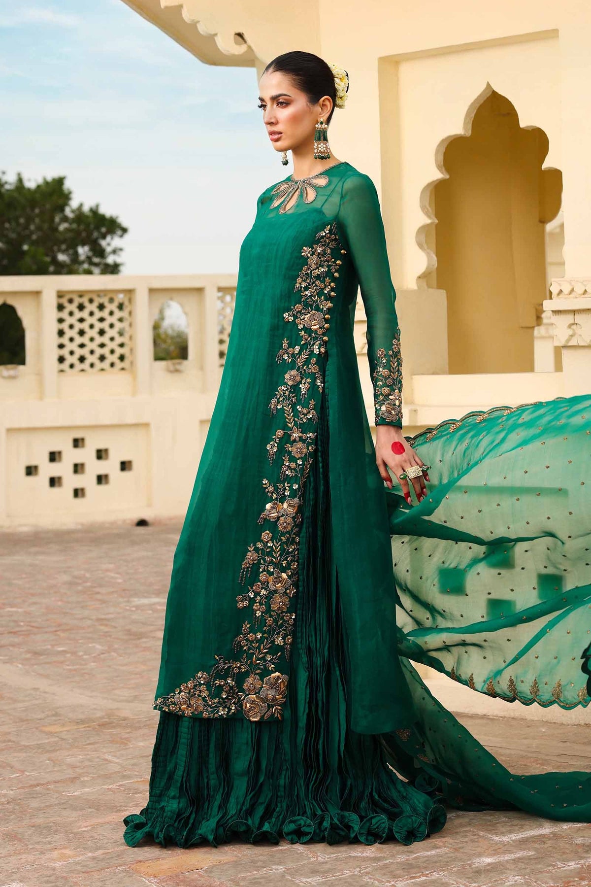 Emerald Green Embroidered Organza & Silk Gown (2-Piece) - Image 6
