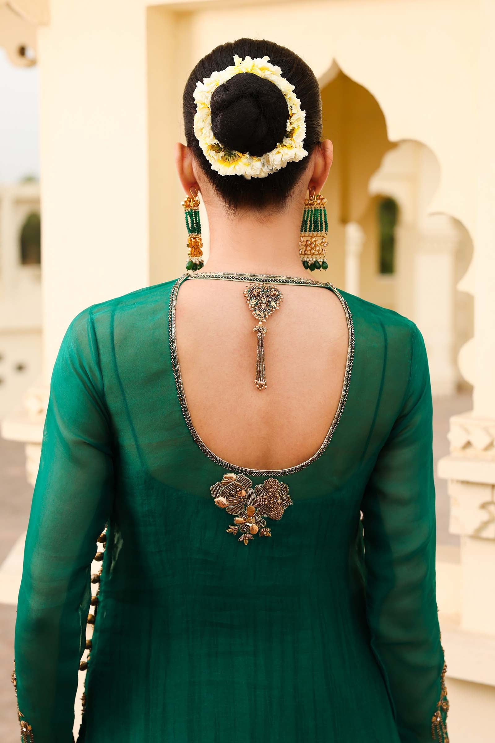 Emerald Green Embroidered Organza & Silk Gown (2-Piece) - Image 8