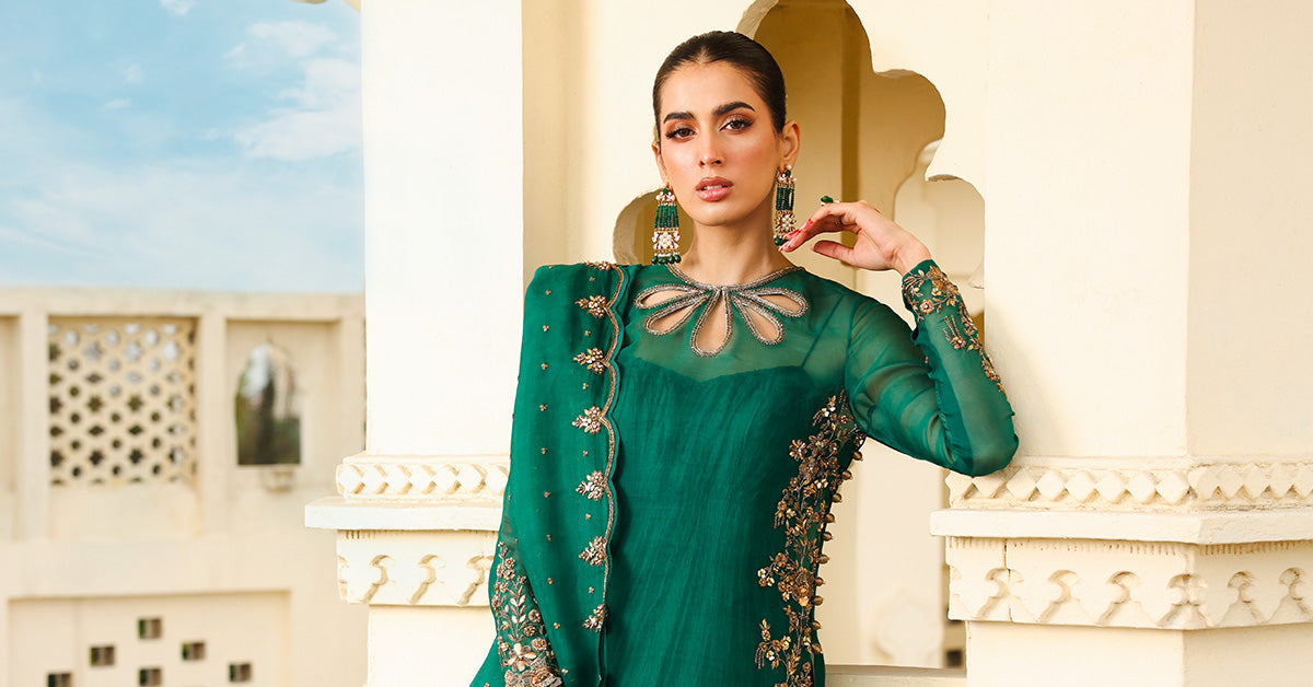 Emerald Green Embroidered Organza & Silk Gown (2-Piece) - Image 9