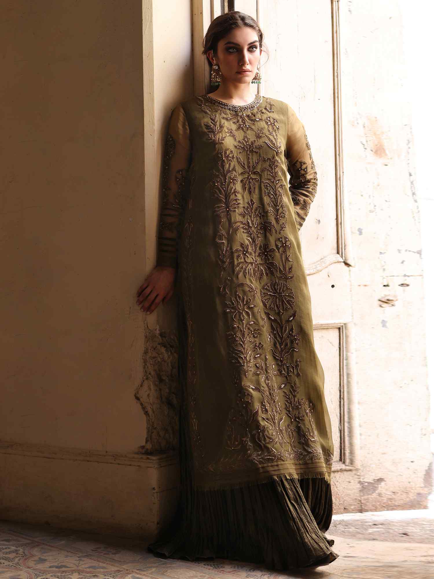 Pakistani Olive Zardozi Velvet Appliqué Organza Gown (1-Pc) - Image 1
