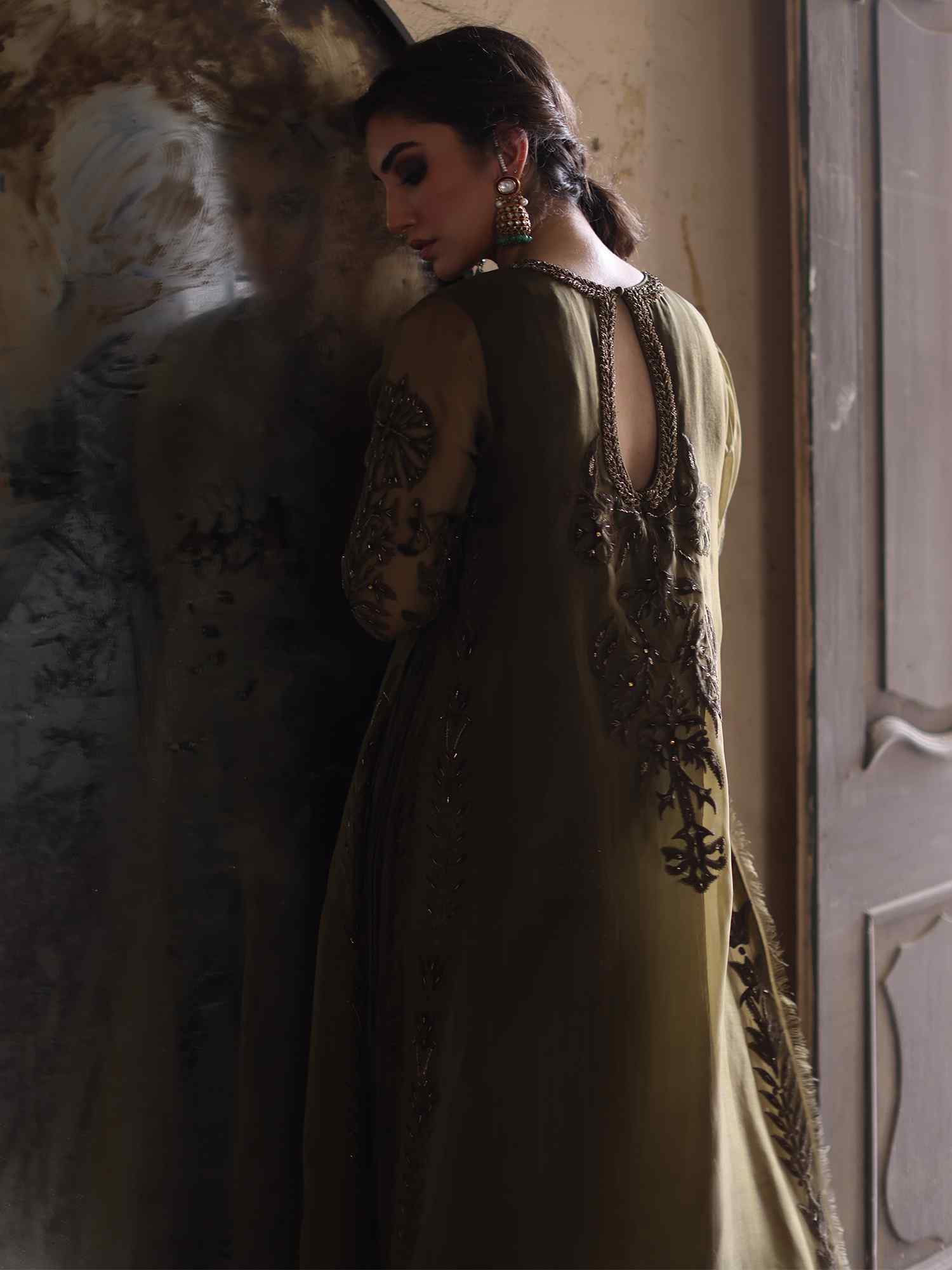 Pakistani Olive Zardozi Velvet Appliqué Organza Gown (1-Pc) - Image 2
