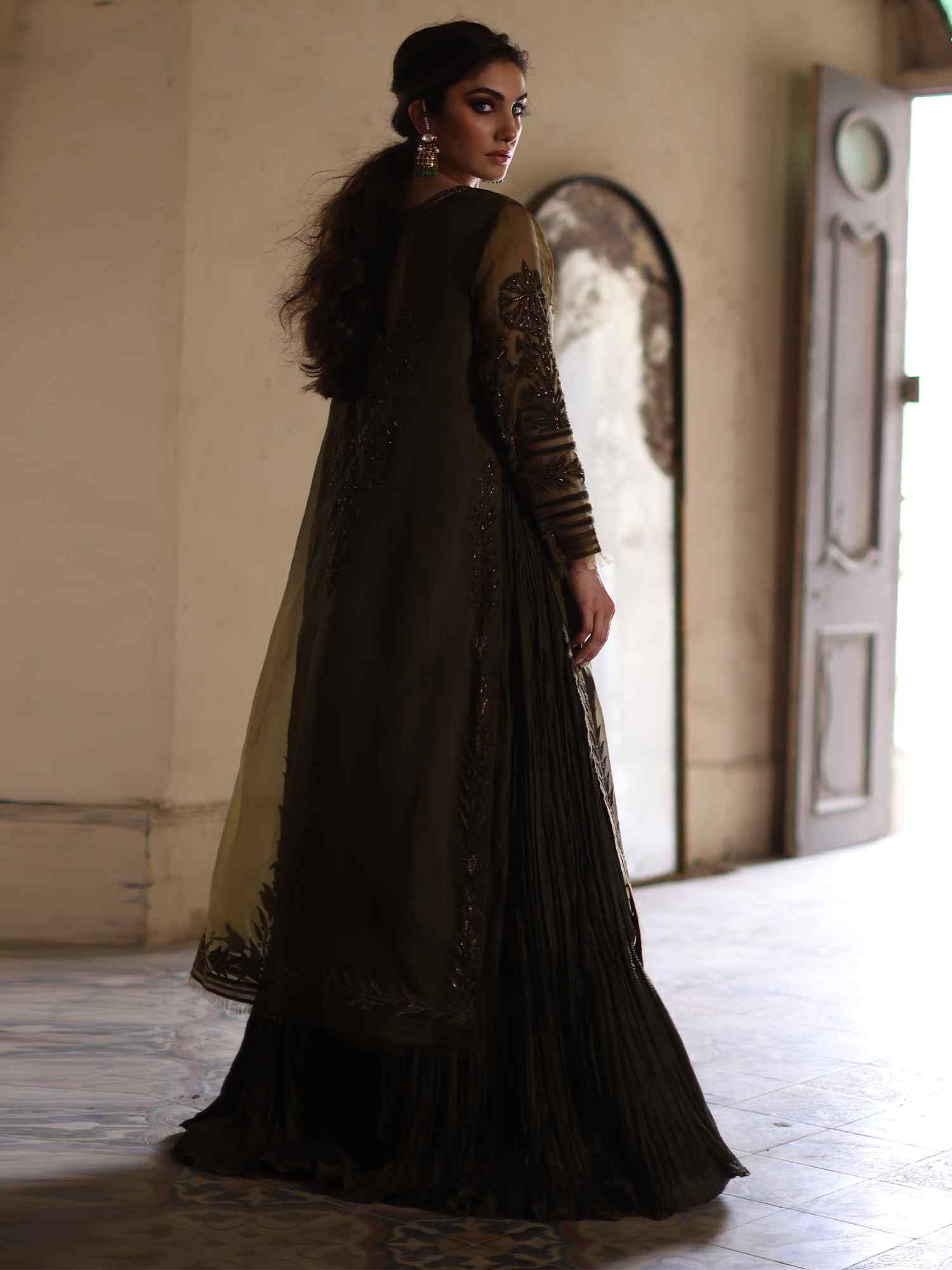 Pakistani Olive Zardozi Velvet Appliqué Organza Gown (1-Pc) - Image 3