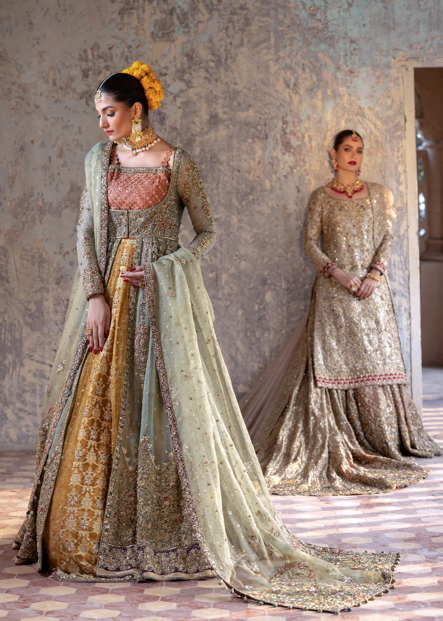 Apple Green Embroidered Pure Tissue Mysore Gown (2-Piece) - Image 4