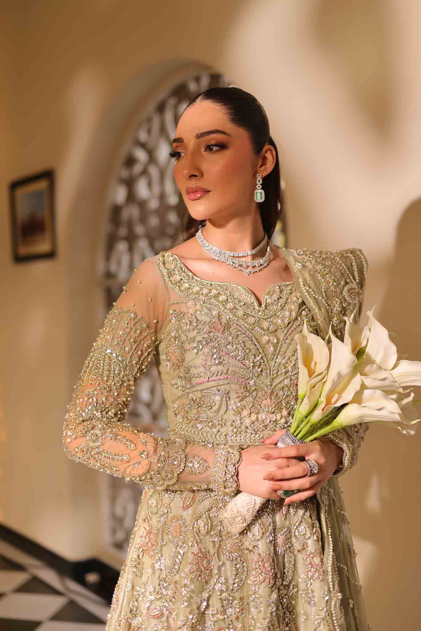 Pakistani Soft Sage Green Embroidered Net & PK Raw Silk Bridal Gown (2-Piece) - Image 2