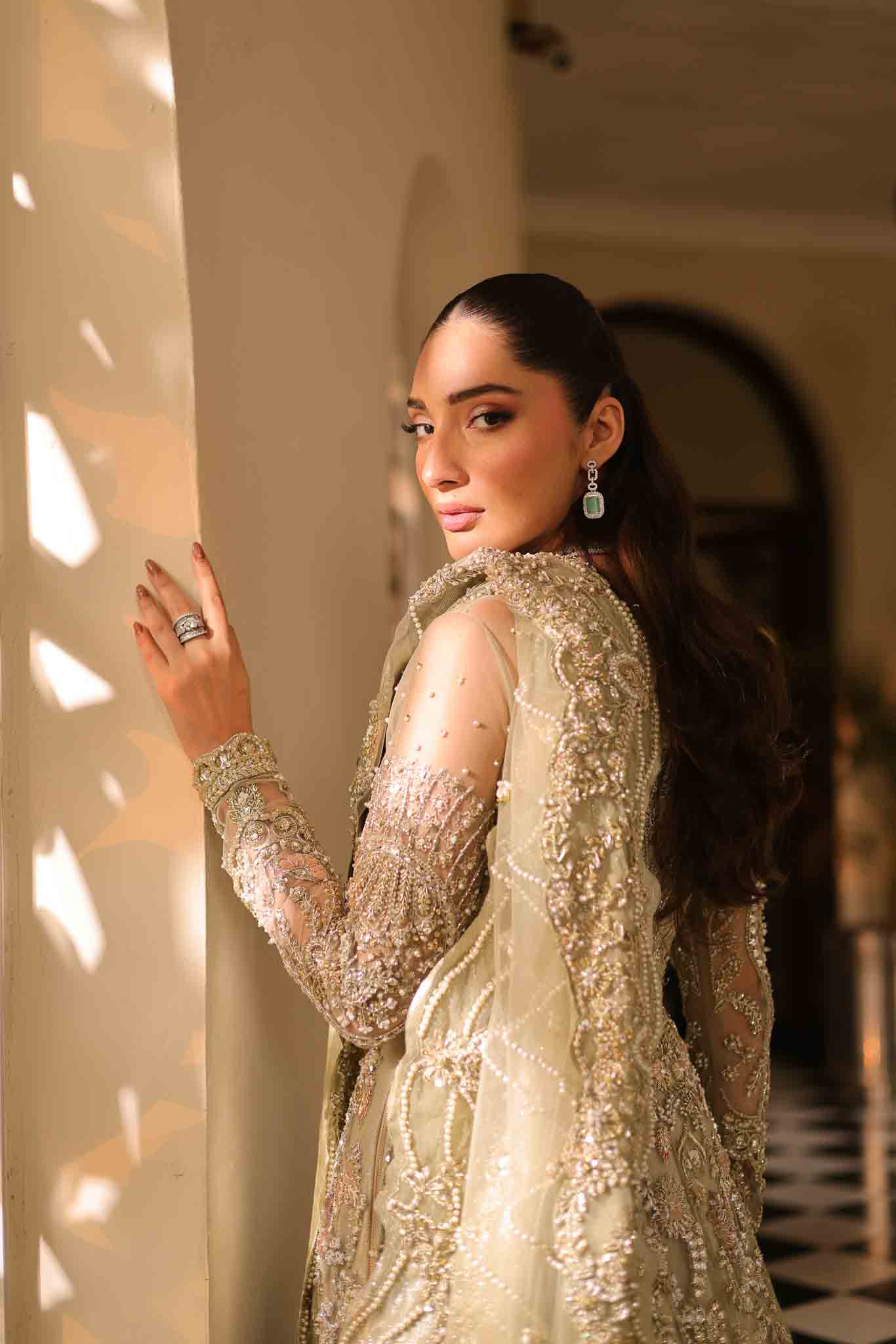 Pakistani Soft Sage Green Embroidered Net & PK Raw Silk Bridal Gown (2-Piece) - Image 4