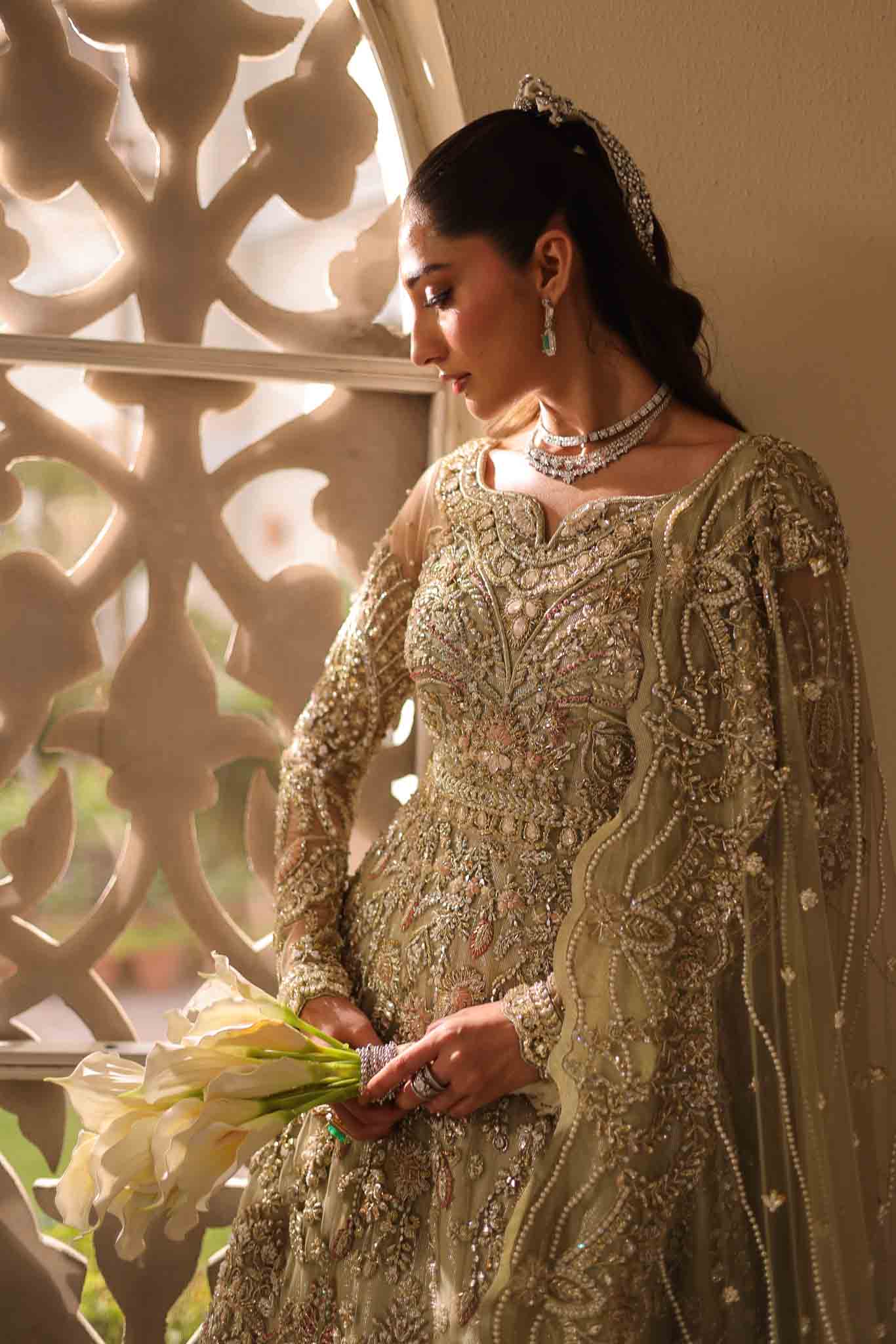 Pakistani Soft Sage Green Embroidered Net & PK Raw Silk Bridal Gown (2-Piece) - Image 6