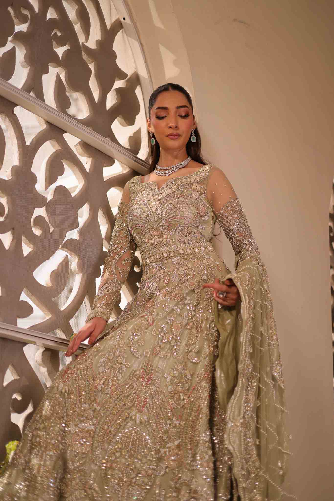 Pakistani Soft Sage Green Embroidered Net & PK Raw Silk Bridal Gown (2-Piece) - Image 8
