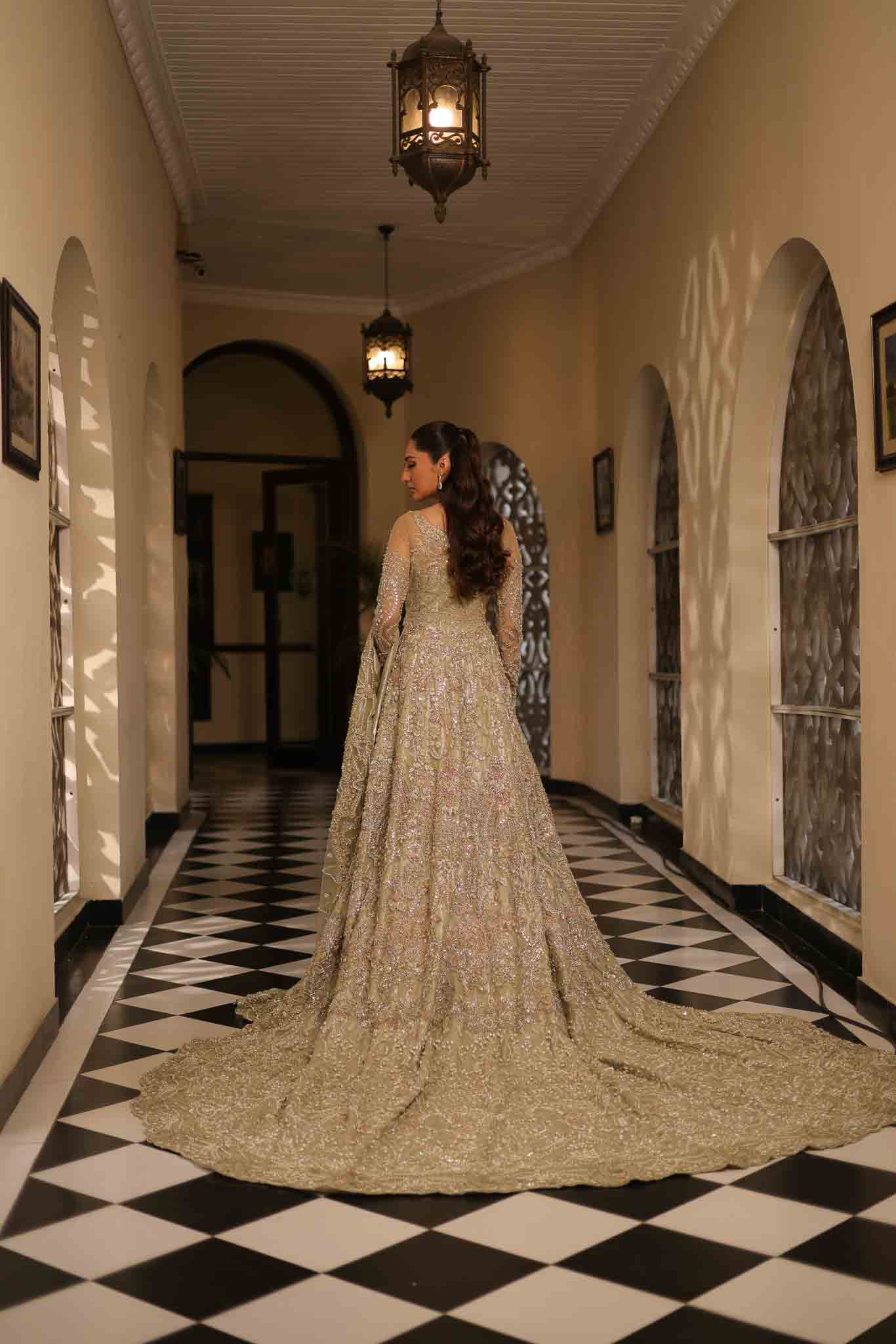 Pakistani Soft Sage Green Embroidered Net & PK Raw Silk Bridal Gown (2-Piece) - Image 9