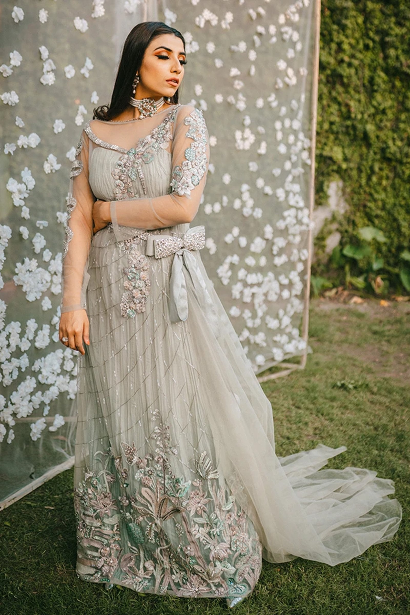 Pakistani Pastel Mint Zardozi Net and Silk Gown (1-Pc) - Image 1