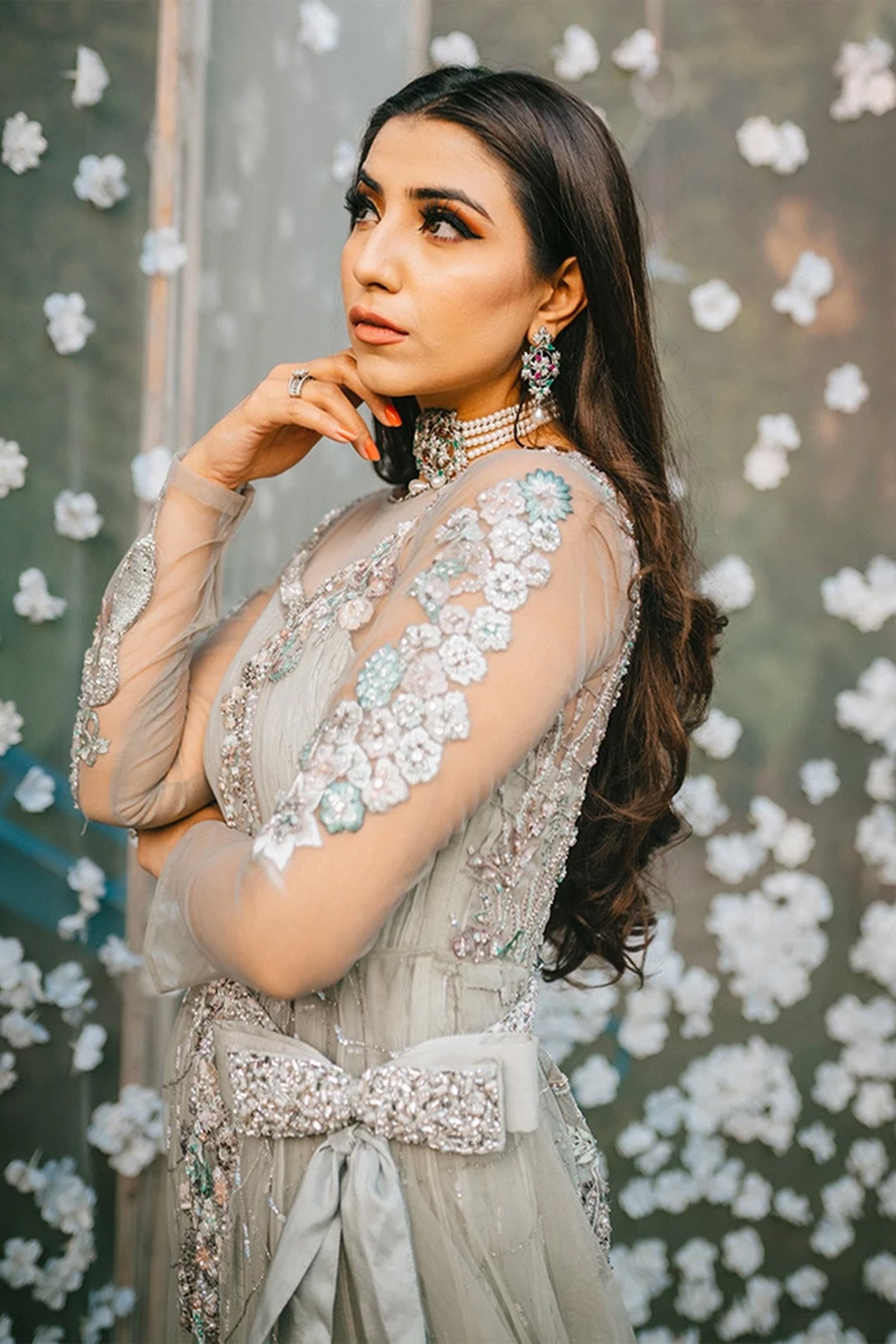 Pakistani Pastel Mint Zardozi Net and Silk Gown (1-Pc) - Image 2