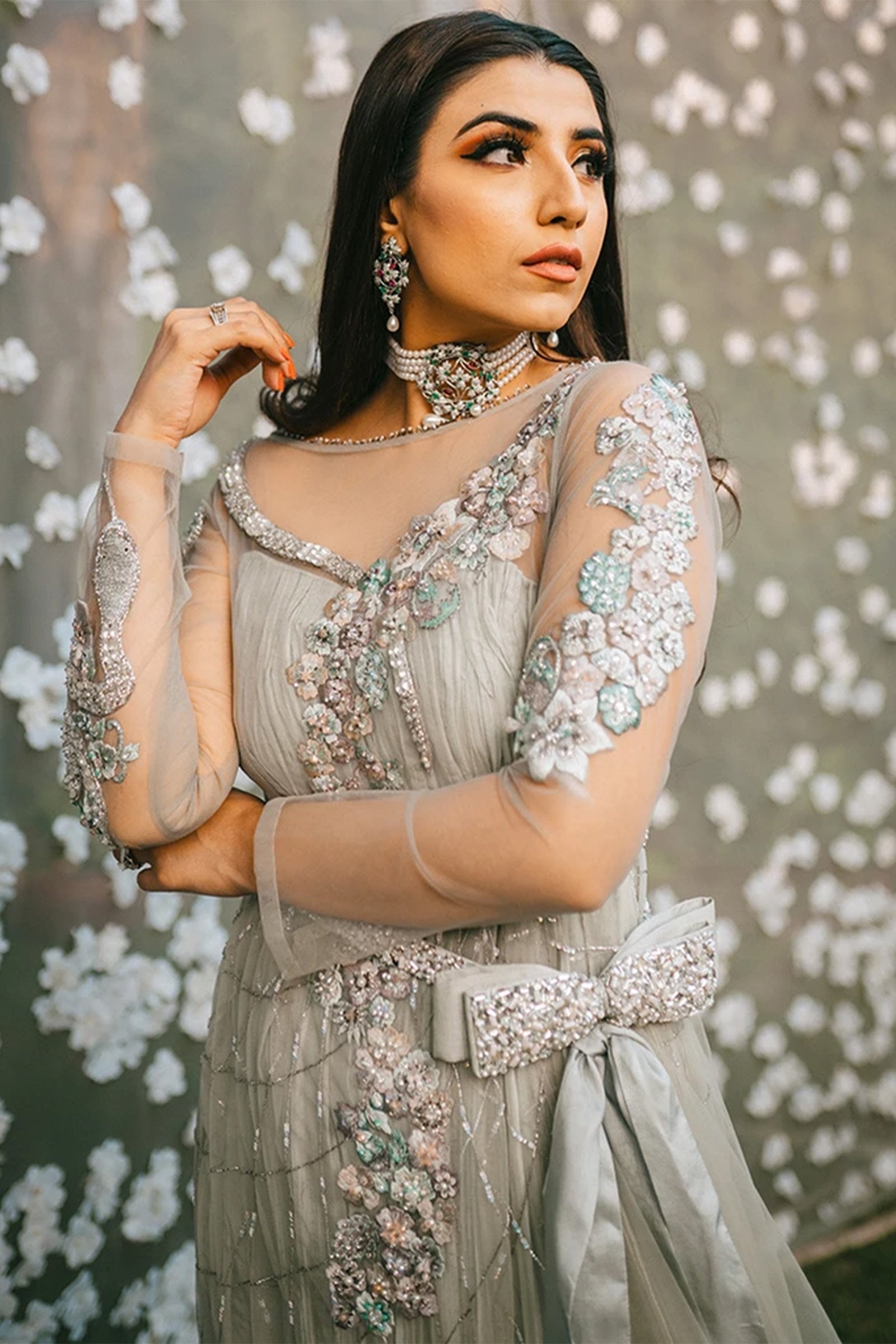 Pakistani Pastel Mint Zardozi Net and Silk Gown (1-Pc) - Image 3