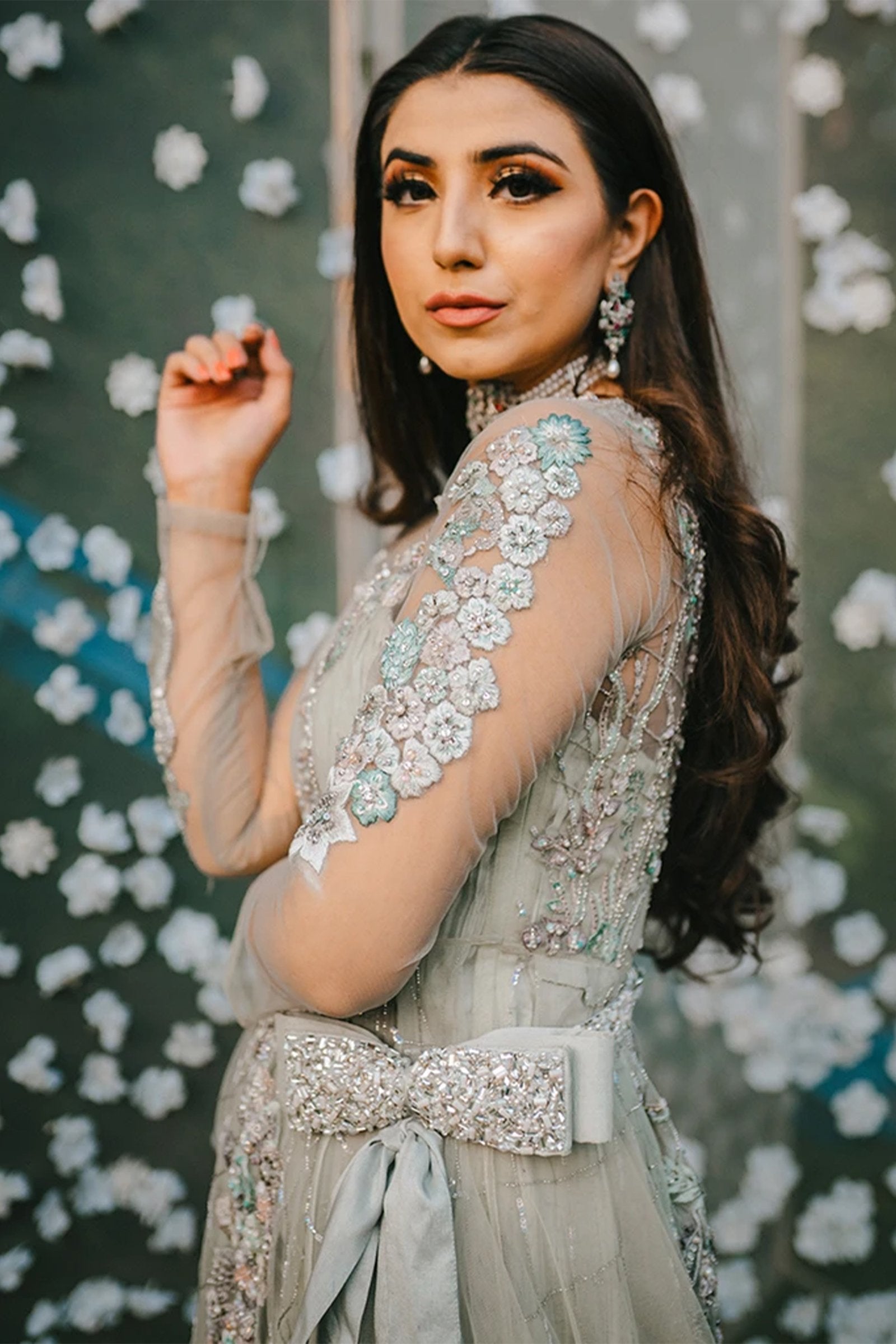 Pakistani Pastel Mint Zardozi Net and Silk Gown (1-Pc) - Image 4
