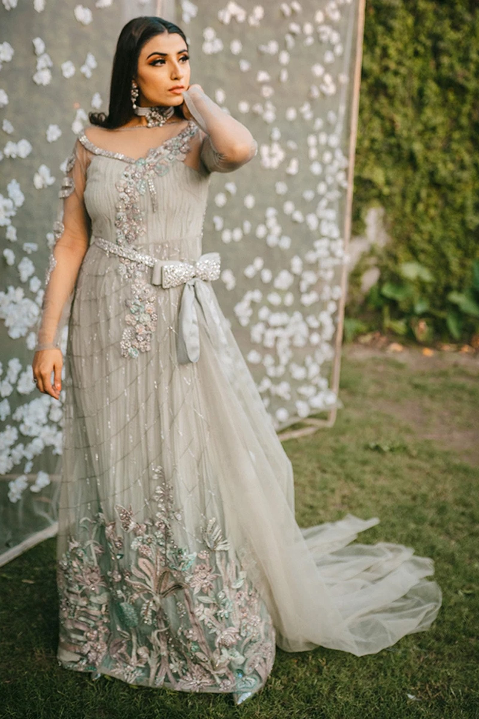 Pakistani Pastel Mint Zardozi Net and Silk Gown (1-Pc) - Image 5