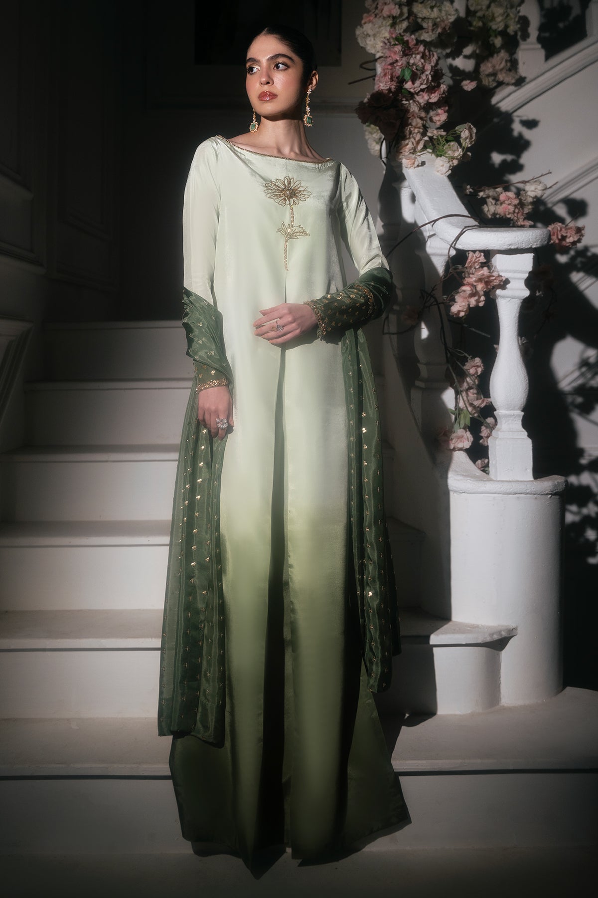 Pakistani Pistachio Green Embroidered Roman Silk Gown (2-Piece) - Image 1