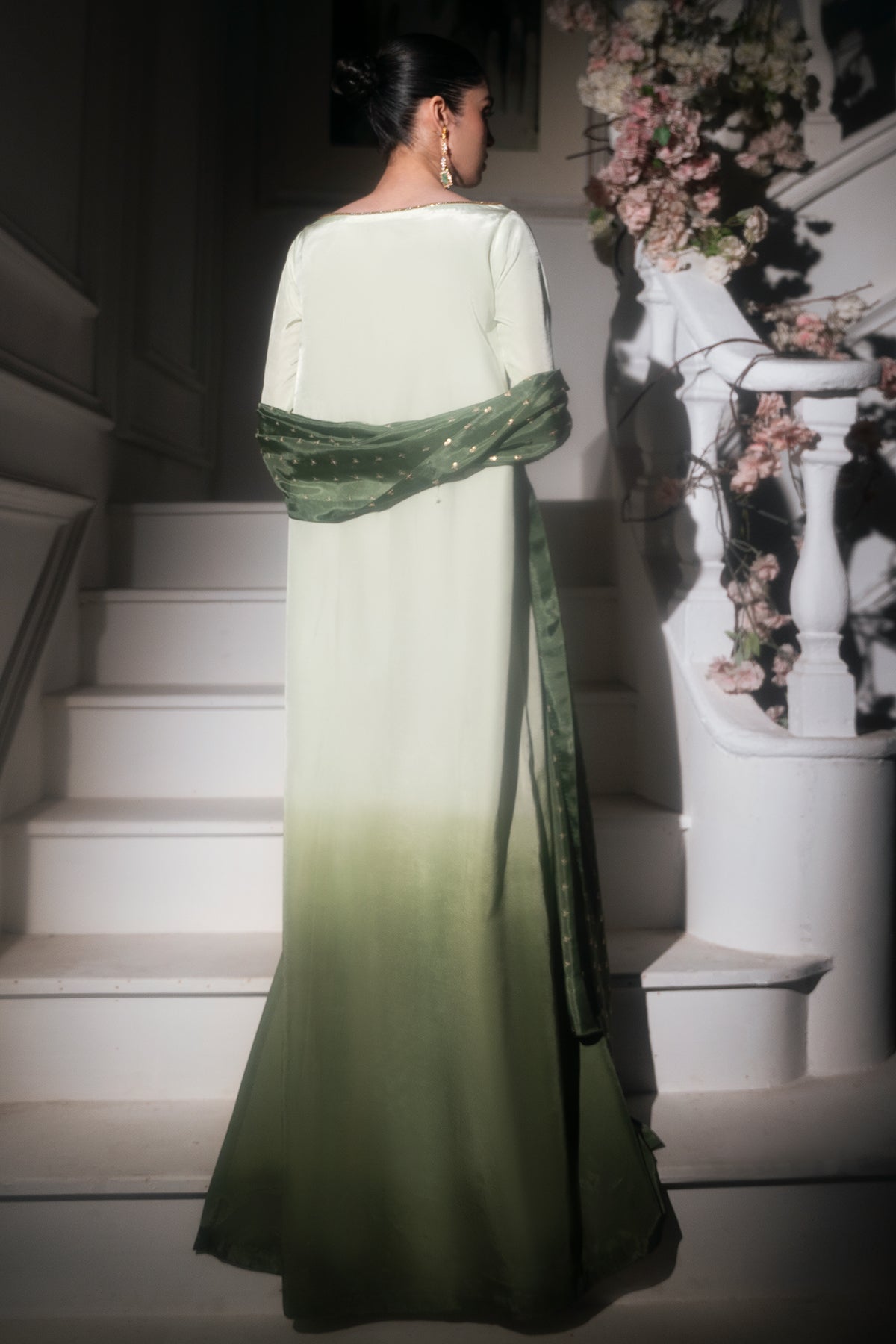 Pakistani Pistachio Green Embroidered Roman Silk Gown (2-Piece) - Image 2