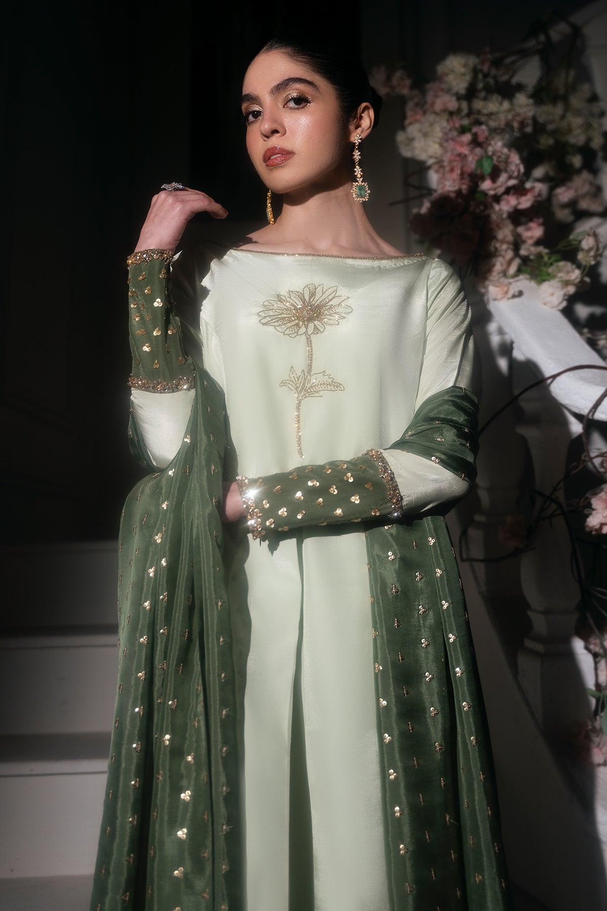 Pakistani Pistachio Green Embroidered Roman Silk Gown (2-Piece) - Image 3