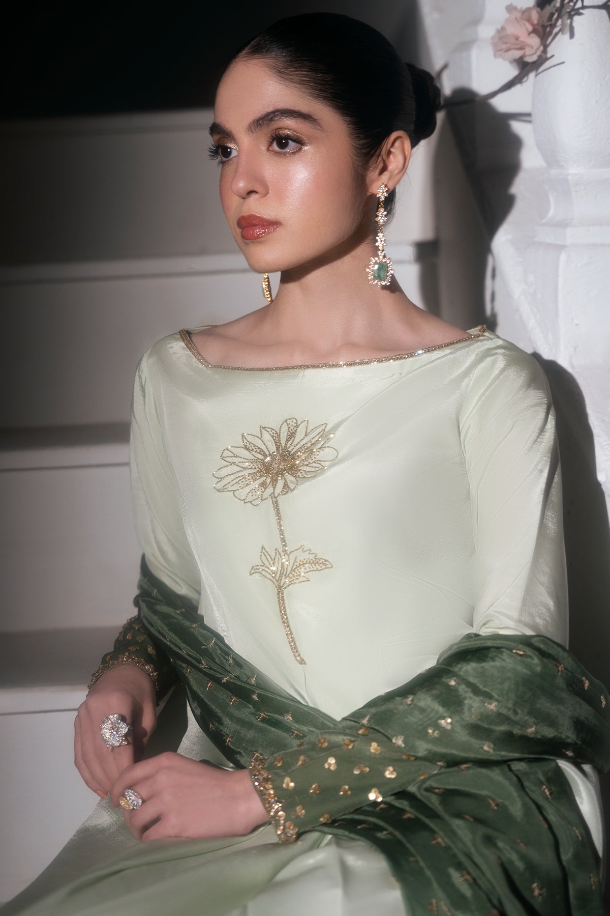 Pakistani Pistachio Green Embroidered Roman Silk Gown (2-Piece) - Image 4
