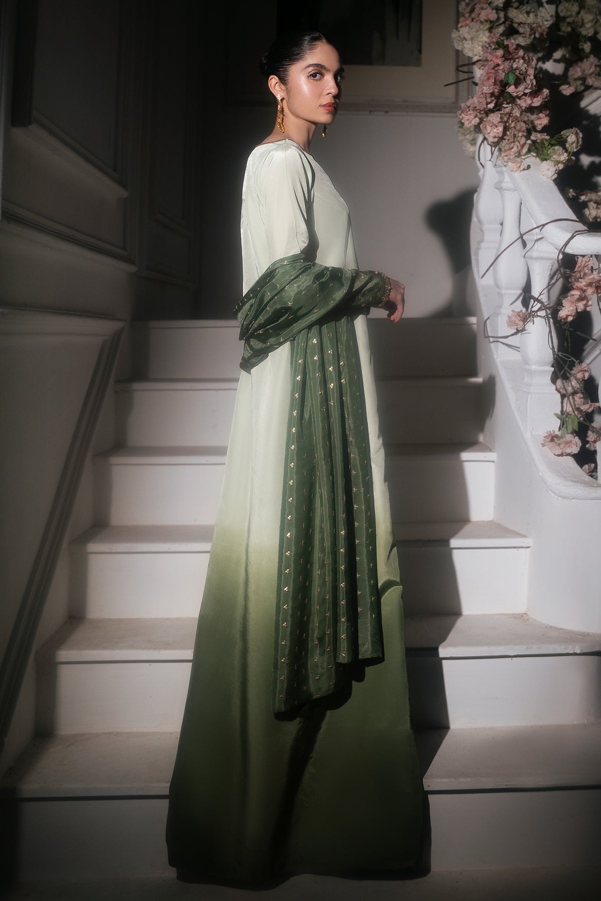 Pakistani Pistachio Green Embroidered Roman Silk Gown (2-Piece) - Image 5