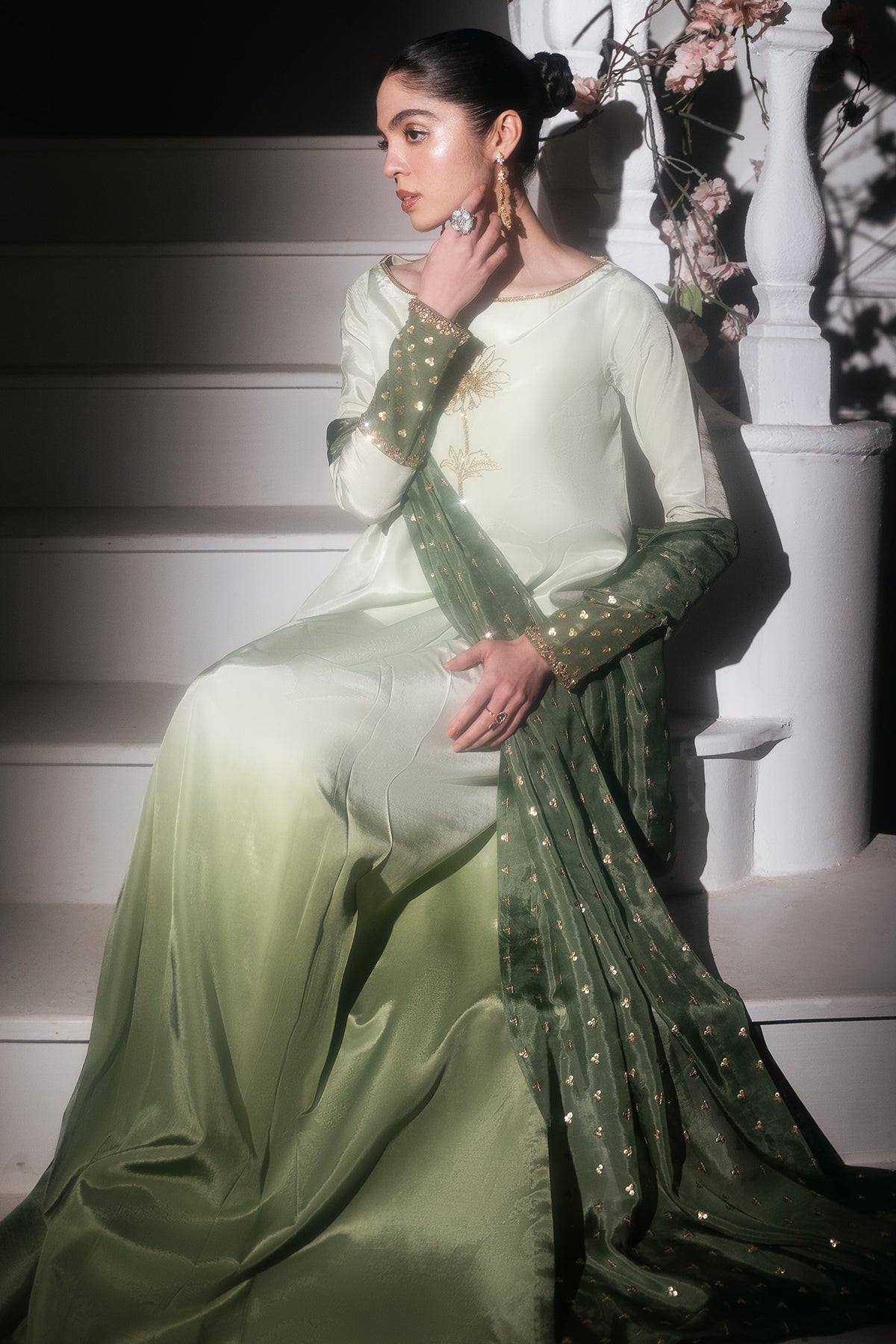 Pakistani Pistachio Green Embroidered Roman Silk Gown (2-Piece) - Image 6