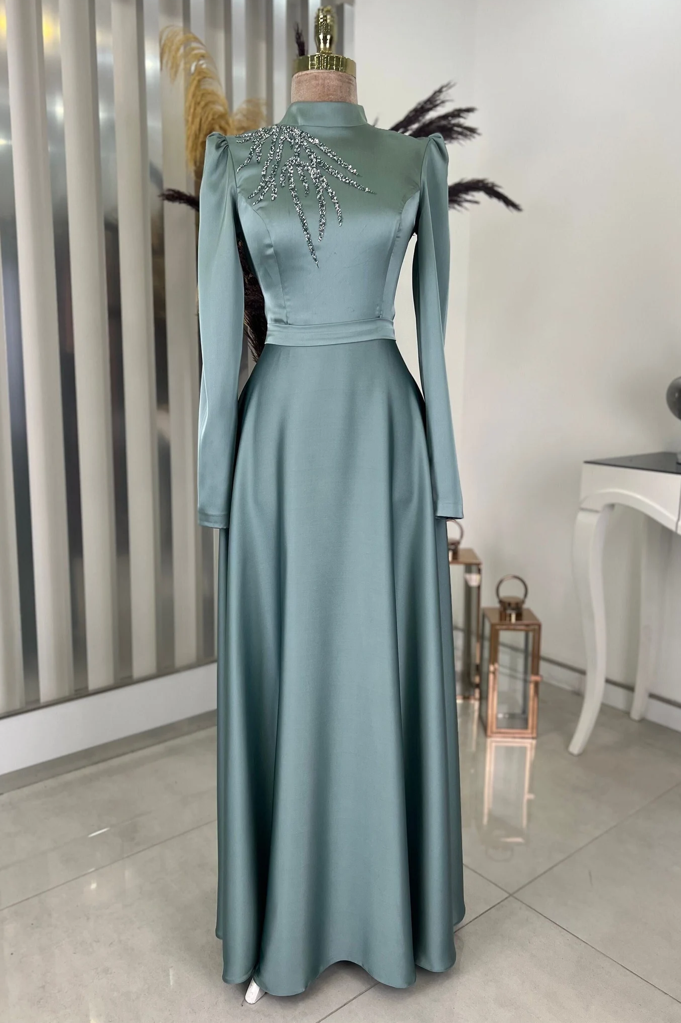 Pakistani Sea Green Beaded Satin A-Line Evening Gown (1-Pc) - Image 1