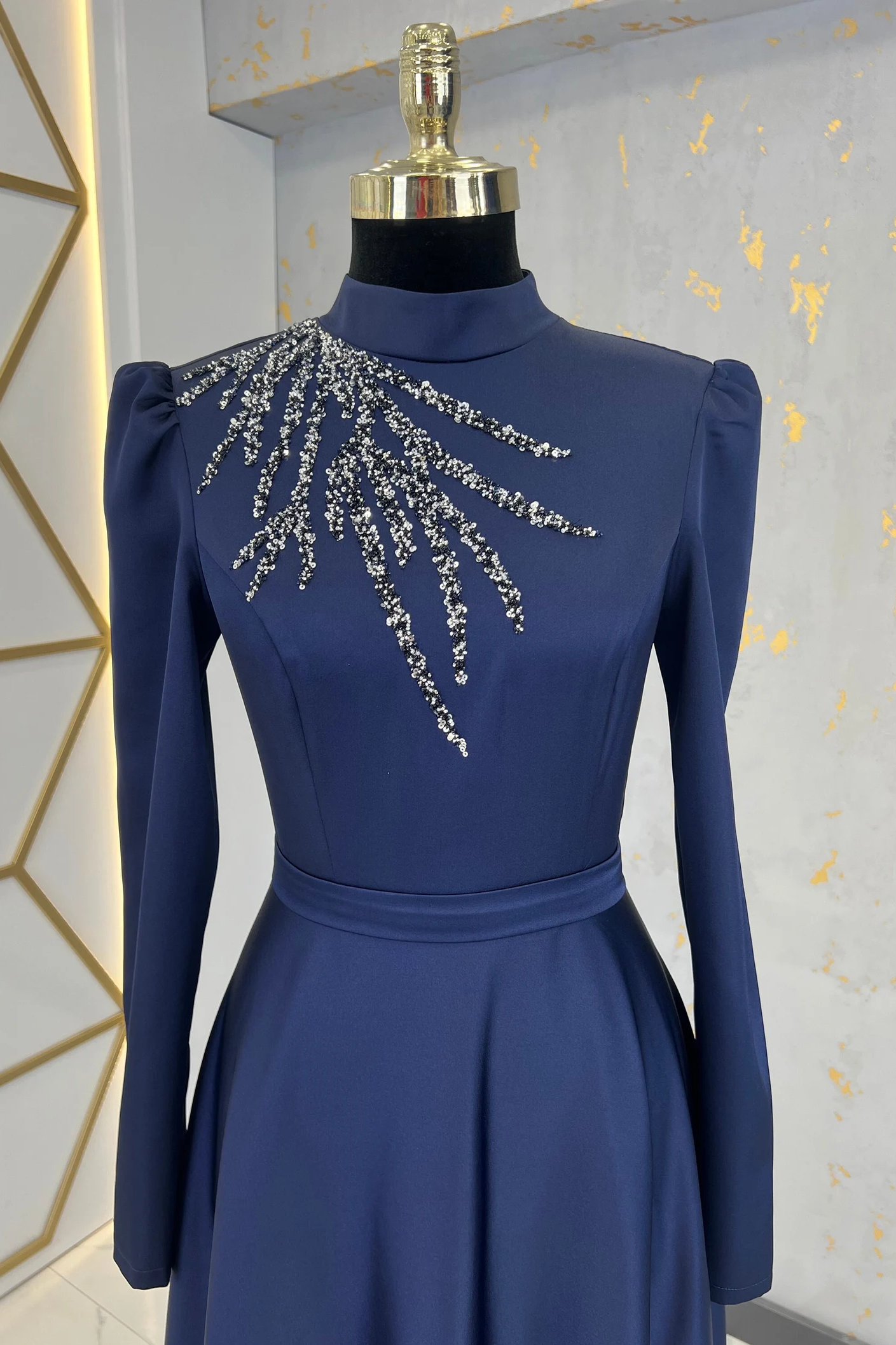 Pakistani Sea Green Beaded Satin A-Line Evening Gown (1-Pc) - Image 2