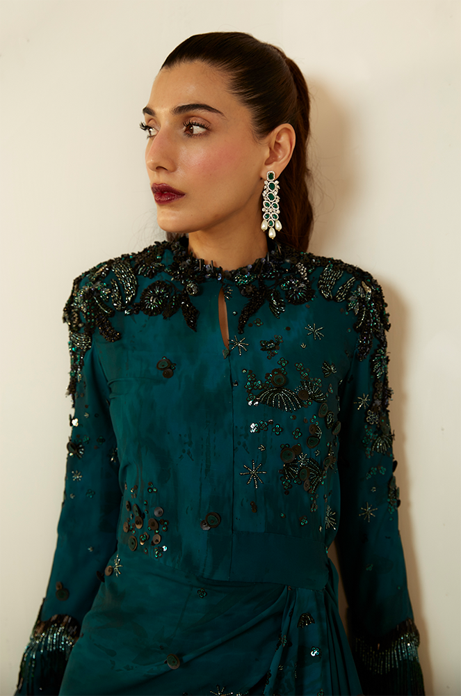 Bottle Green Embellished Satin-Blend Draped Gown (2-Piece) - Image 4