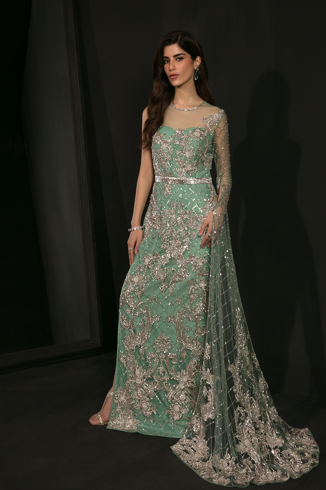 Mint Green 3D Embellished Silk Satin Gown (1-Pc) - Image 1