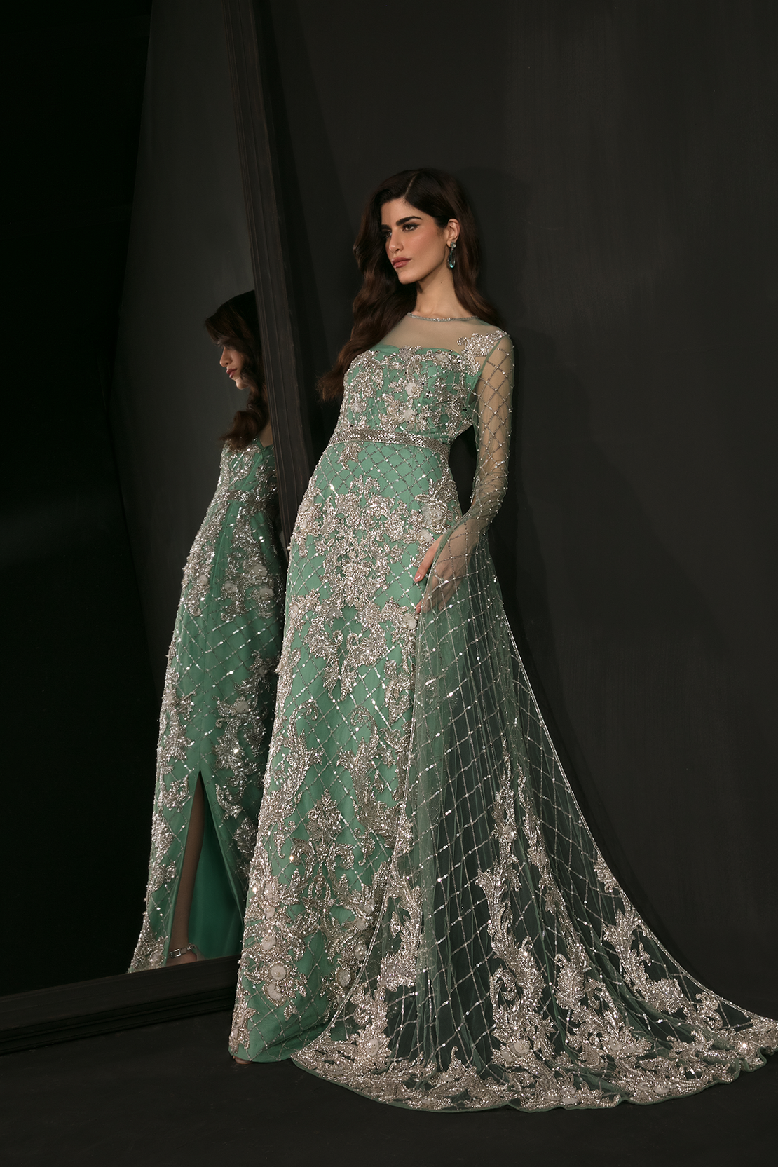 Mint Green 3D Embellished Silk Satin Gown (1-Pc) - Image 2