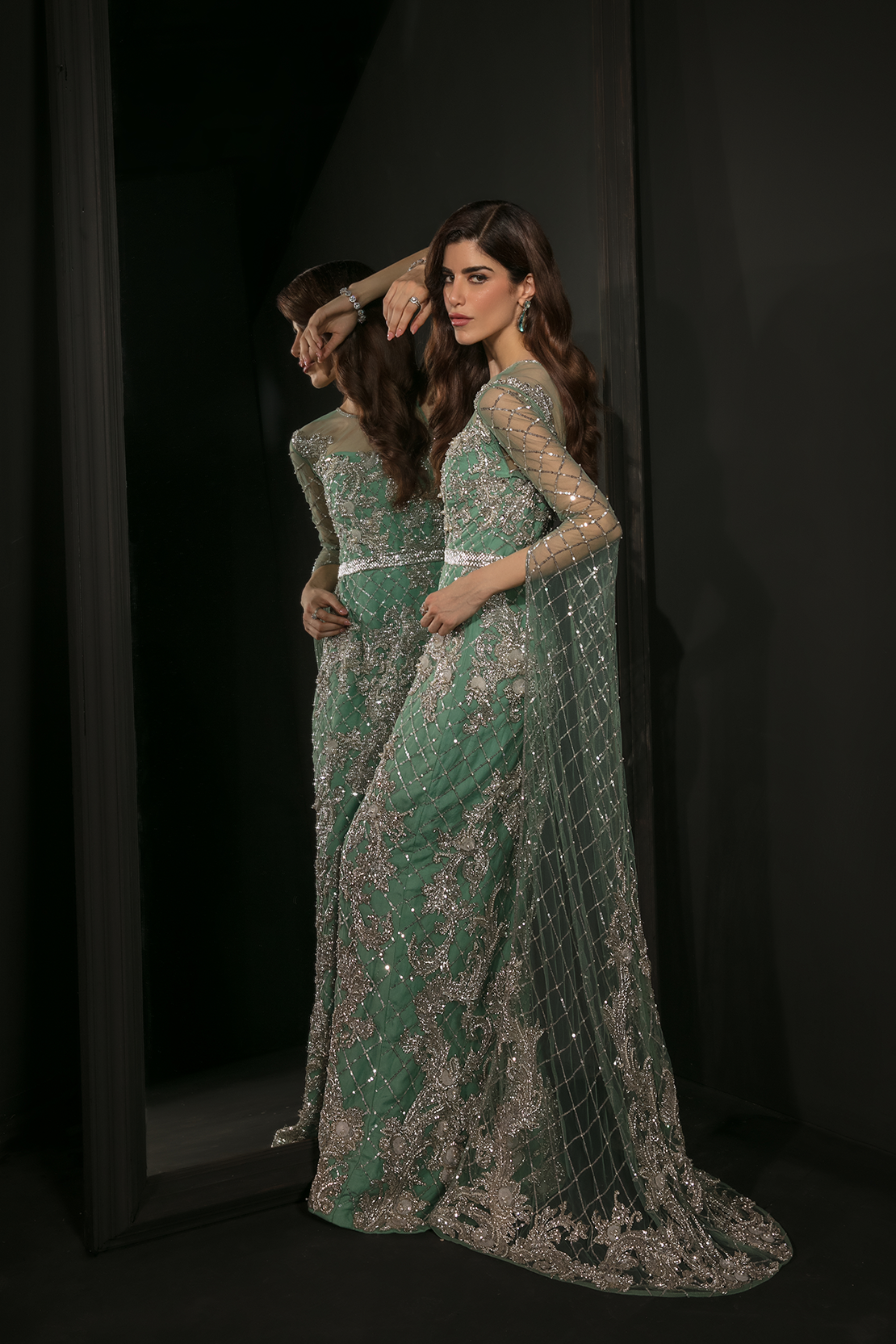 Mint Green 3D Embellished Silk Satin Gown (1-Pc) - Image 3