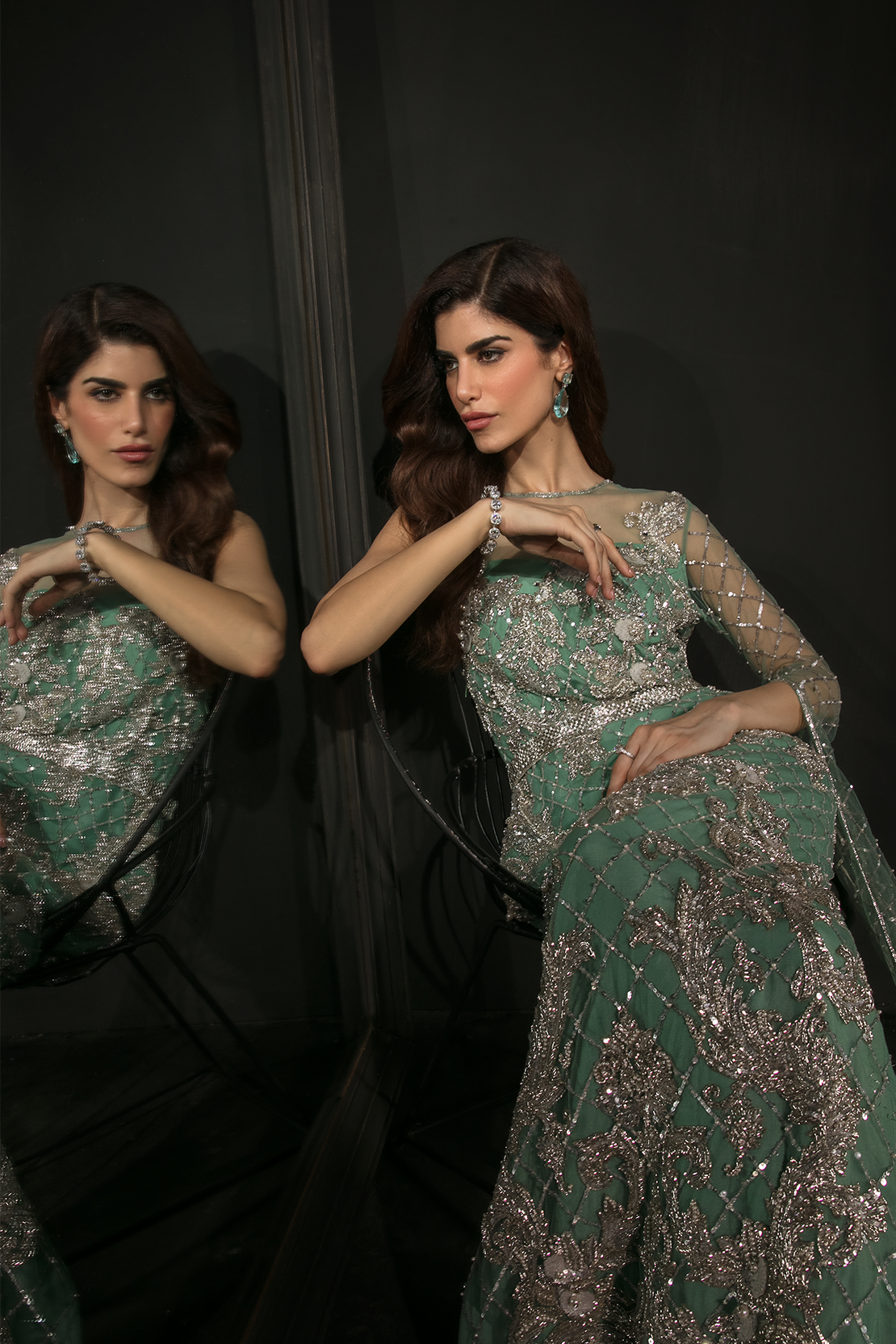 Mint Green 3D Embellished Silk Satin Gown (1-Pc) - Image 6