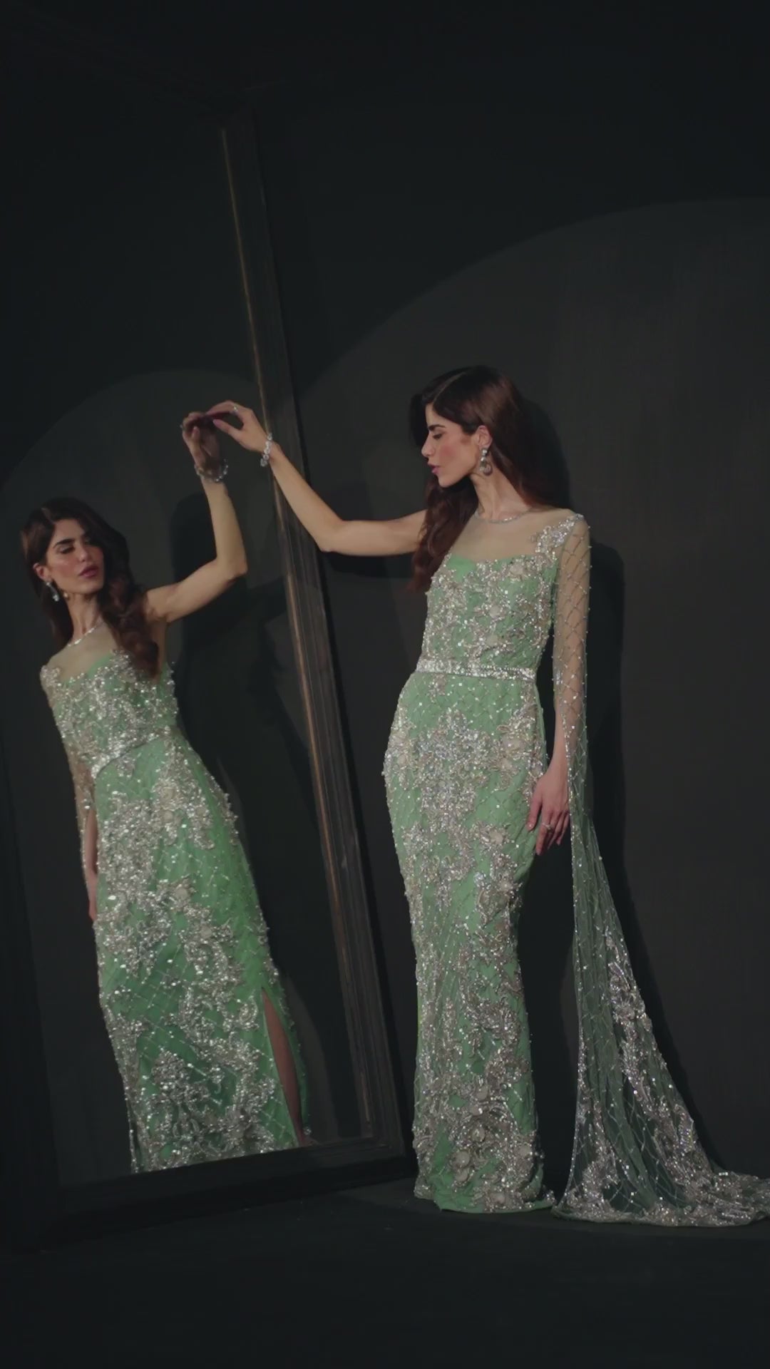 Mint Green 3D Embellished Silk Satin Gown (1-Pc) - Image 7