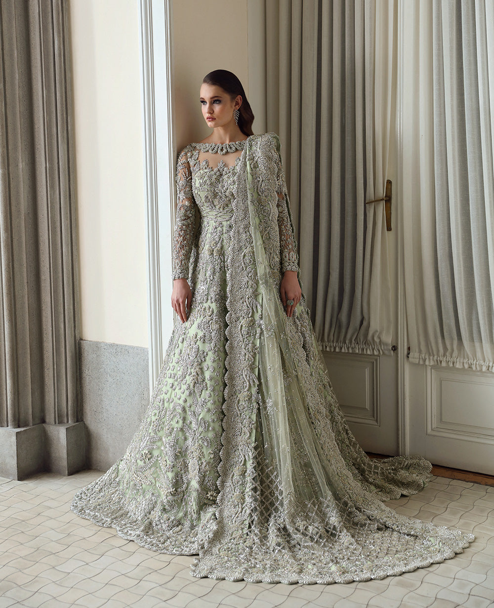 Pakistani Pistachio Green Embellished Silk Net Gown (2-Piece) - Image 1