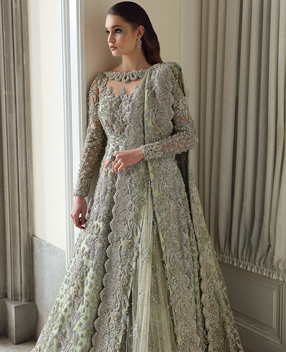 Pakistani Pistachio Green Embellished Silk Net Gown (2-Piece) - Image 3