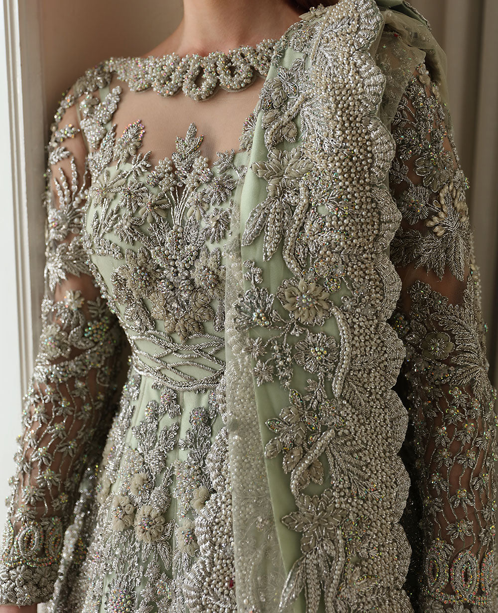 Pakistani Pistachio Green Embellished Silk Net Gown (2-Piece) - Image 4