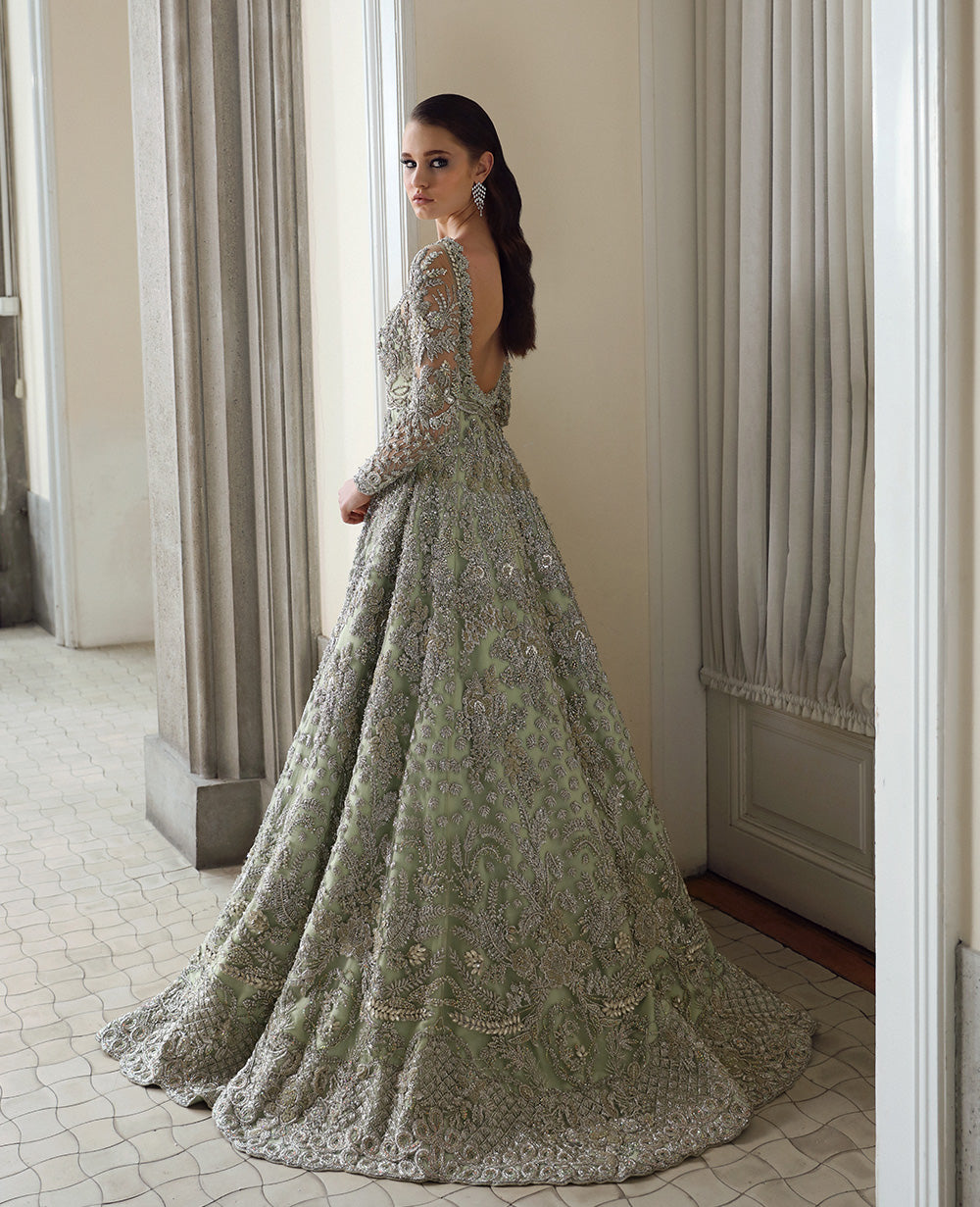 Pakistani Pistachio Green Embellished Silk Net Gown (2-Piece) - Image 5