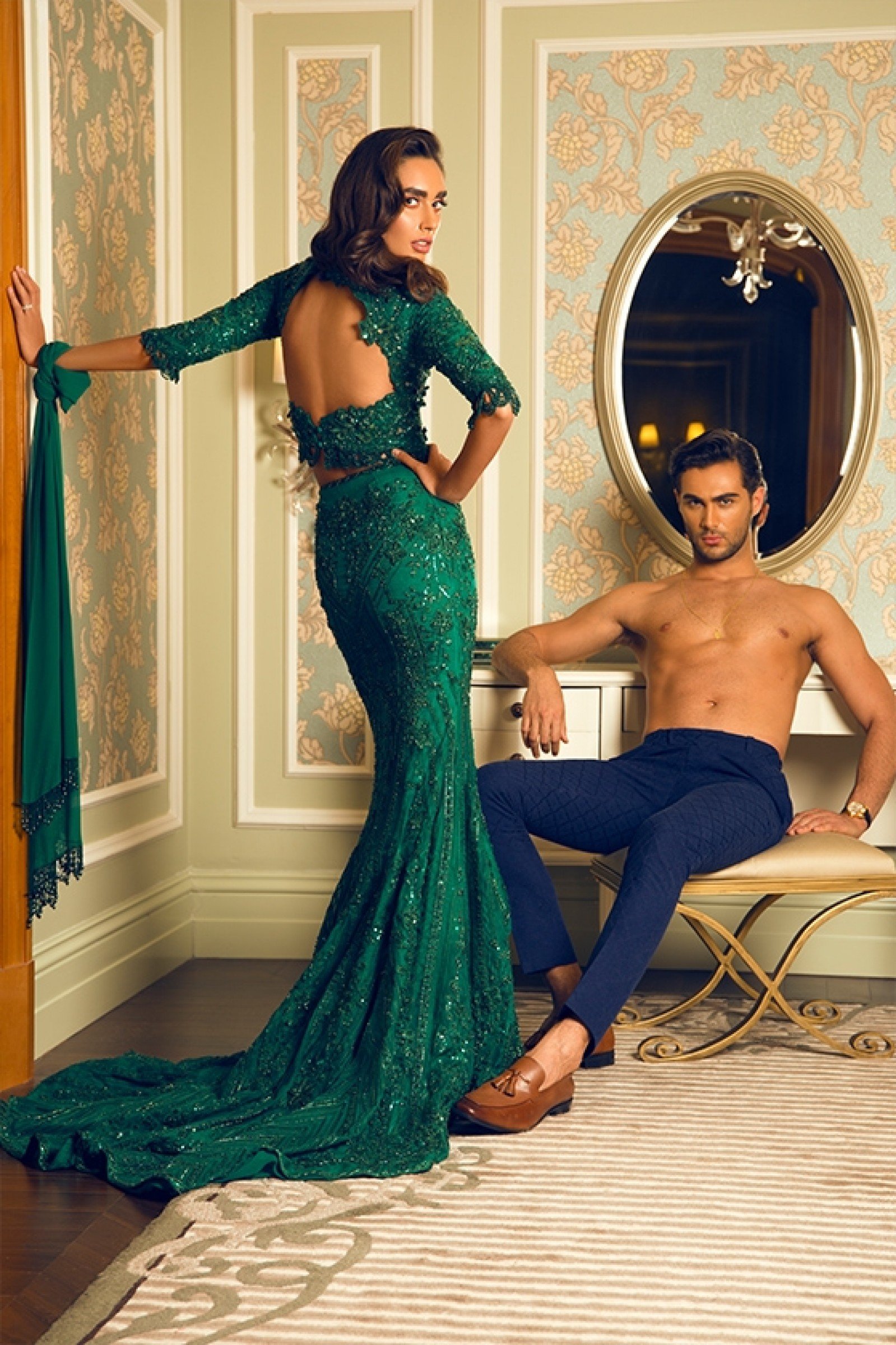 Pakistani Emerald Embellished Silk-Blend Gown (2-Piece) - Image 1