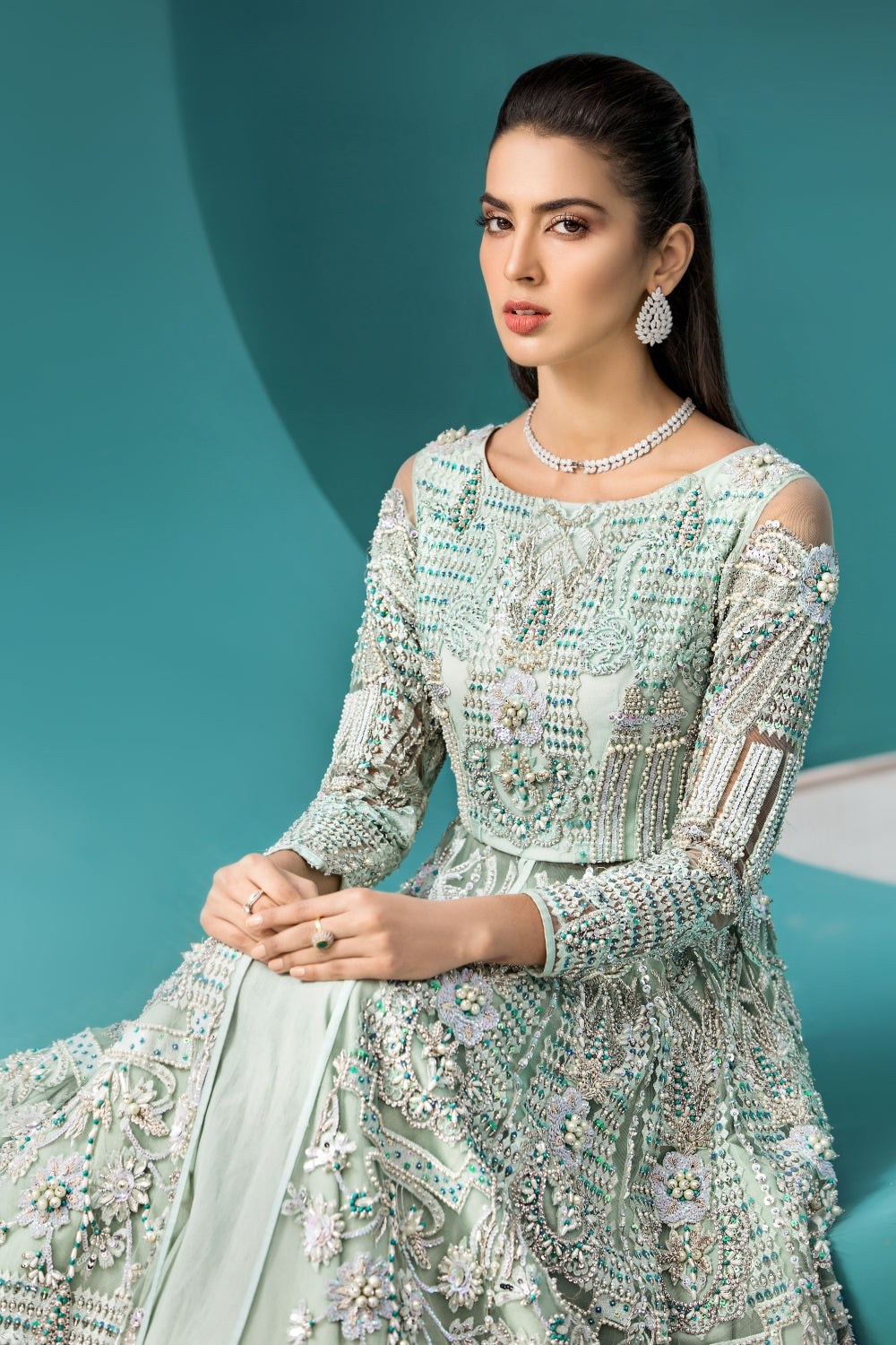Mint Green Embellished Net Silk Gown (1-Pc) - Image 3