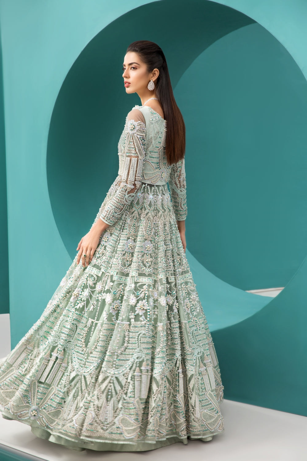Mint Green Embellished Net Silk Gown (1-Pc) - Image 4