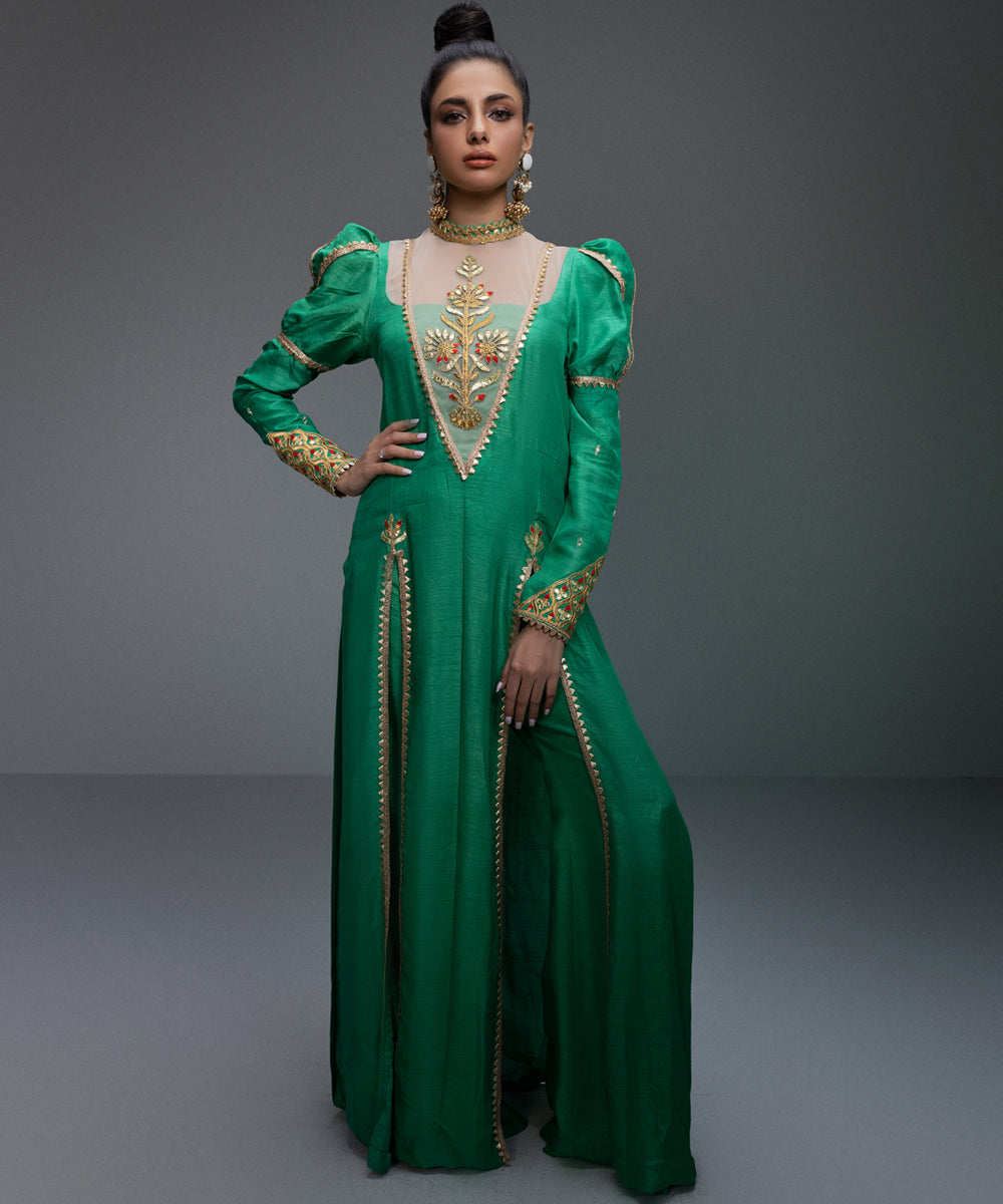 Pakistani Emerald Green Embroidered Silk-Blend Gown (2-Piece) - Image 1