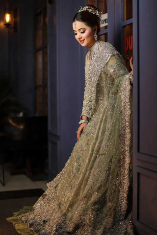 Pakistani Sage Green Embellished Net Silk Bridal Gown (2-Piece) - Image 2