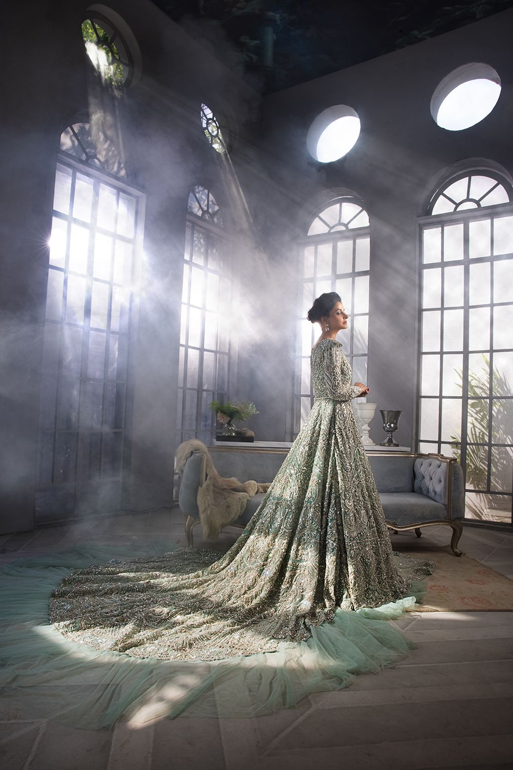 Pakistani Pastel Mint Embellished Net Silk Bridal Gown (2-Piece) - Image 1