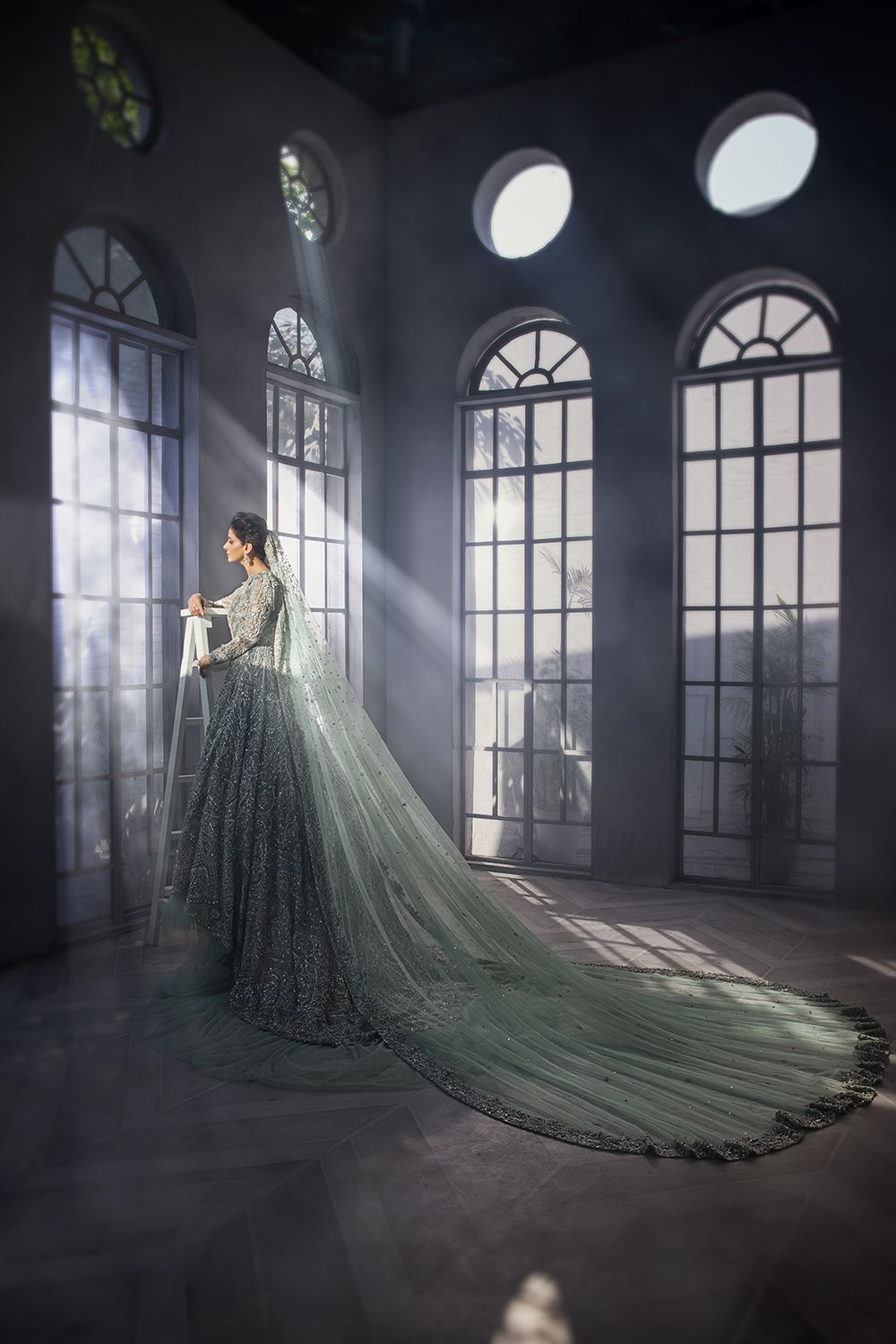 Pakistani Pastel Mint Embellished Net Silk Bridal Gown (2-Piece) - Image 4