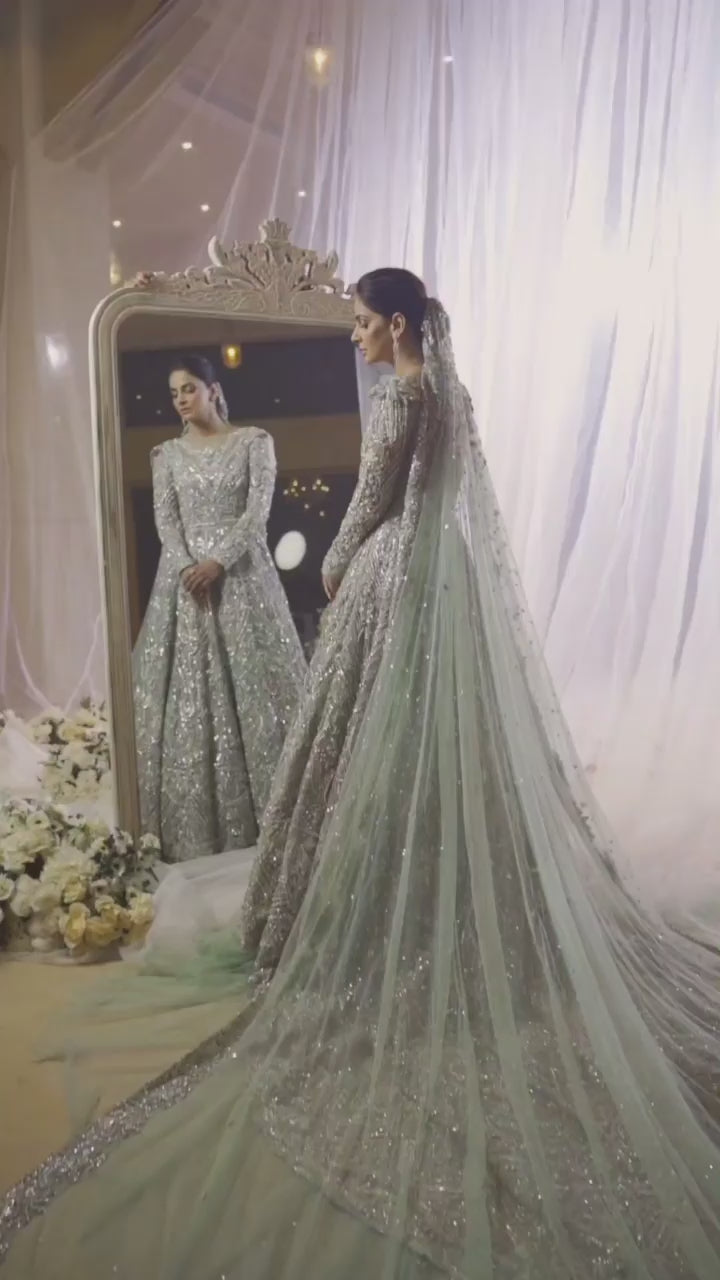 Pakistani Pastel Mint Embellished Net Silk Bridal Gown (2-Piece) - Image 6