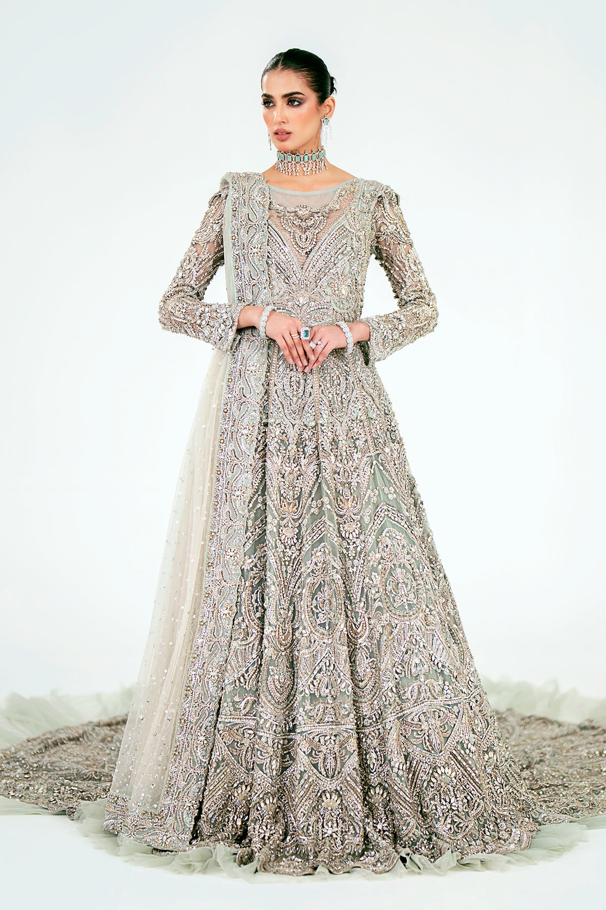 Mint Green Embellished Net Silk Bridal Gown (2-Piece) - Image 1