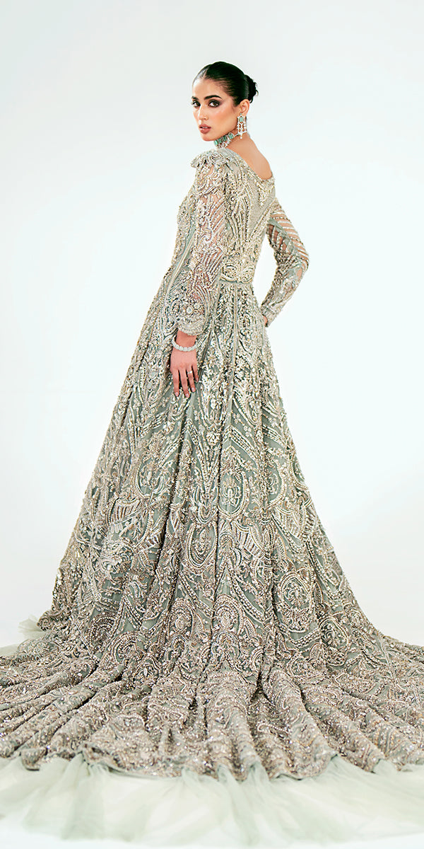 Mint Green Embellished Net Silk Bridal Gown (2-Piece) - Image 3