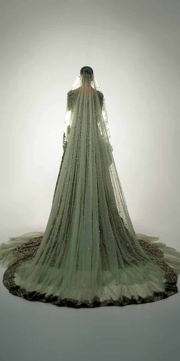 Mint Green Embellished Net Silk Bridal Gown (2-Piece) - Image 5